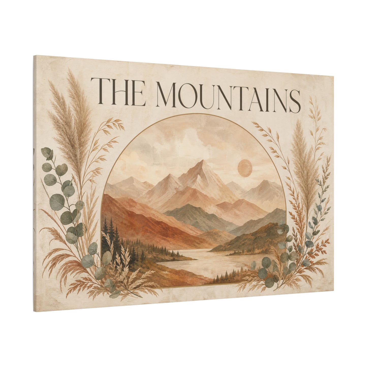 "The Mountains" Mountain Landscape Canvas Wall Art - Neutral Boho Nature Print, Desert Sun Lake Scene, Contemporary Rustic Style - Living Room Wall Decor, Bedroom Home Decoration - Ready to Hang