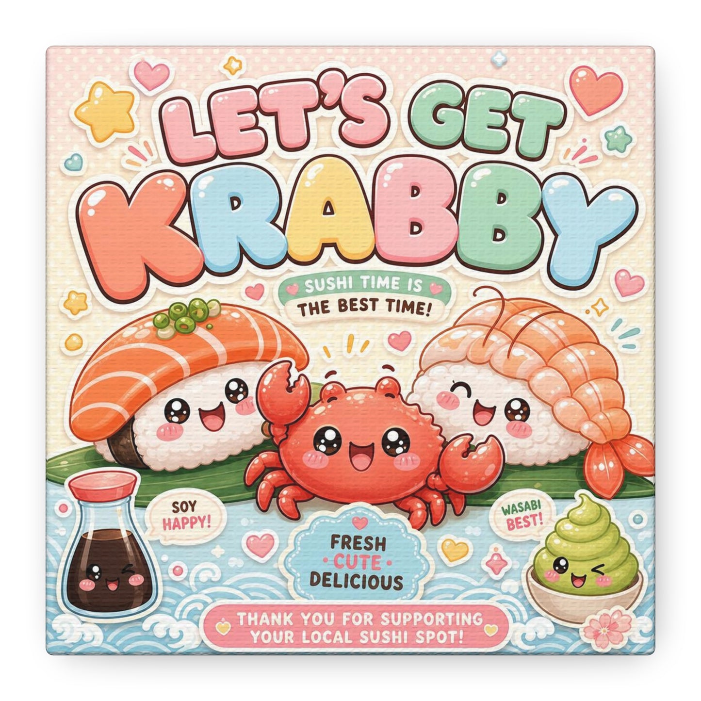 "Let's Get Krabby" Sushi Quote Canvas Wall Art - Kawaii Salmon Nigiri Shrimp Crab Illustration - Pastel Typography - Cafe Wall Decor, Restaurant Wall Hanging, Cute Food Sign - Reception Area Decor