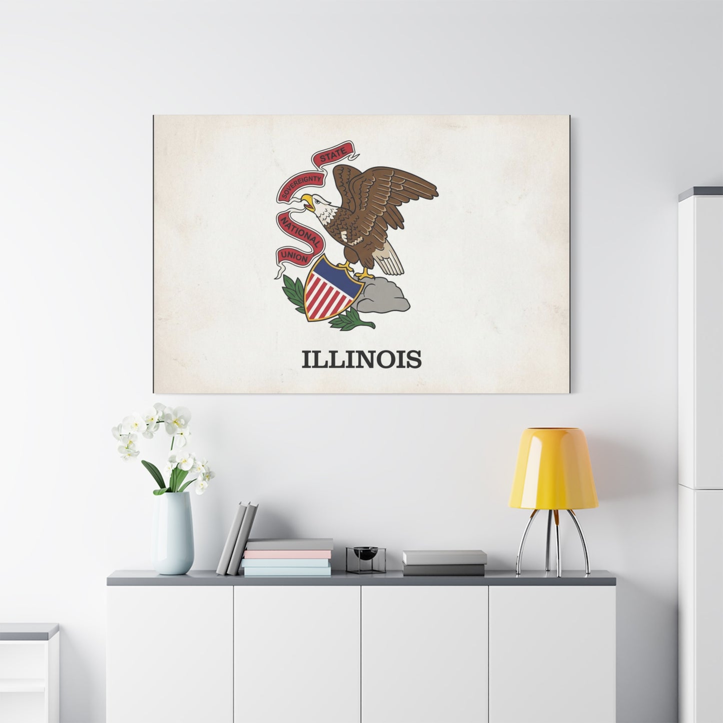 "Illinois" State Flag Canvas Wall Art - Bald Eagle Crest, Vintage State Pride Print - Matte Cotton Art Print - Traditional Americana Style - Living Room Decor, Office Accent - Living Room Wall Decor