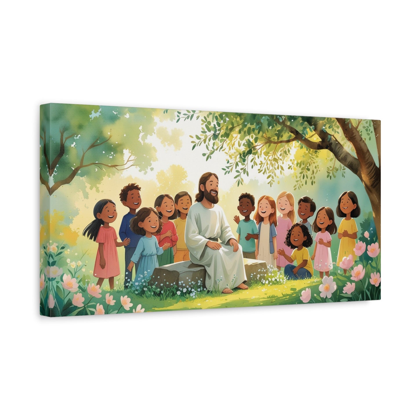 Jesus With Children Canvas Wall Art - Sunlit Garden Faith Illustration, Christian Nursery Decor, Matte Cotton Print, Traditional Style - Kids Room, Classroom, Living Room Wall Decor - Ready to Hang