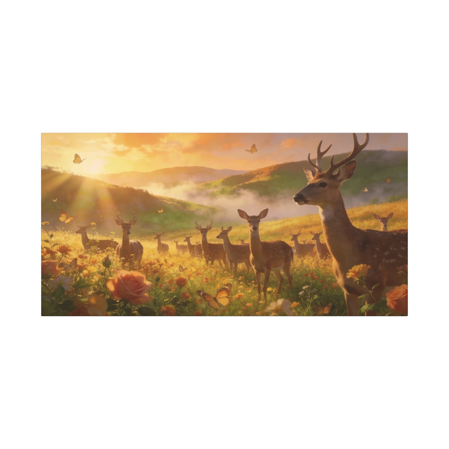 Deer Meadow Canvas Wall Art - Golden Sunrise Wildlife Landscape, Butterflies, Floral Field - Matte Finish Canvas Print - Rustic Nature Style, Living Room Wall Decor - Bedroom Home Decoration
