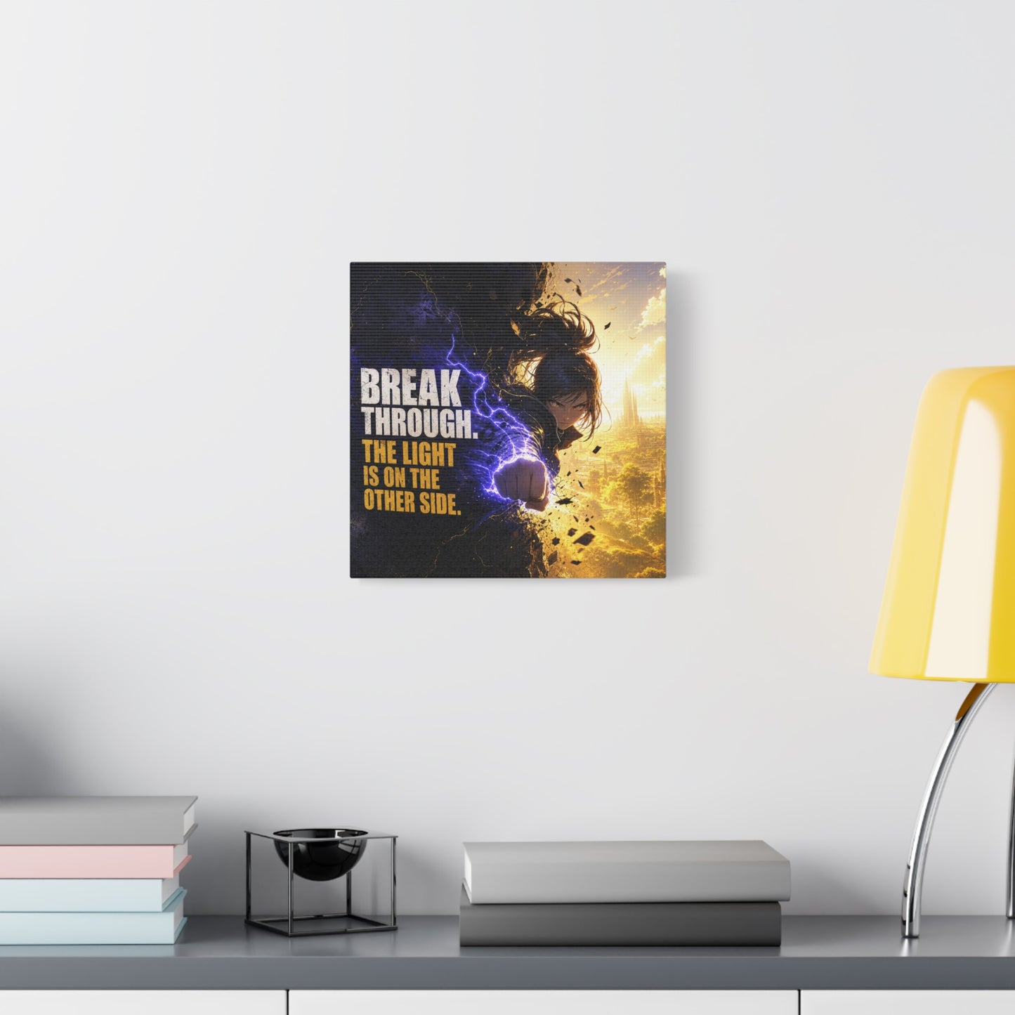 "Break Through. The Light Is On The Other Side." Anime Canvas Wall Art - Motivational Fantasy Girl Poster Print, Dramatic Gold Lightning, Contemporary Bedroom Decor, Teen Room Accent - Office Wall Art
