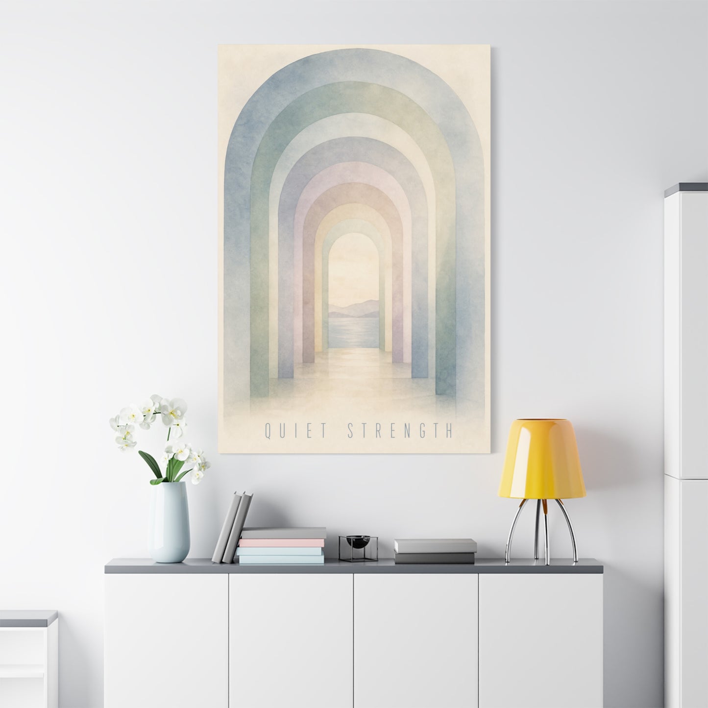 "Quiet Strength" Rainbow Arch Canvas Wall Art - Pastel Abstract Landscape Print, Minimalist Boho Home Decor - Serene Bedroom Wall Hanging, Nursery Room Decoration, Meditation Space - Ready to Hang