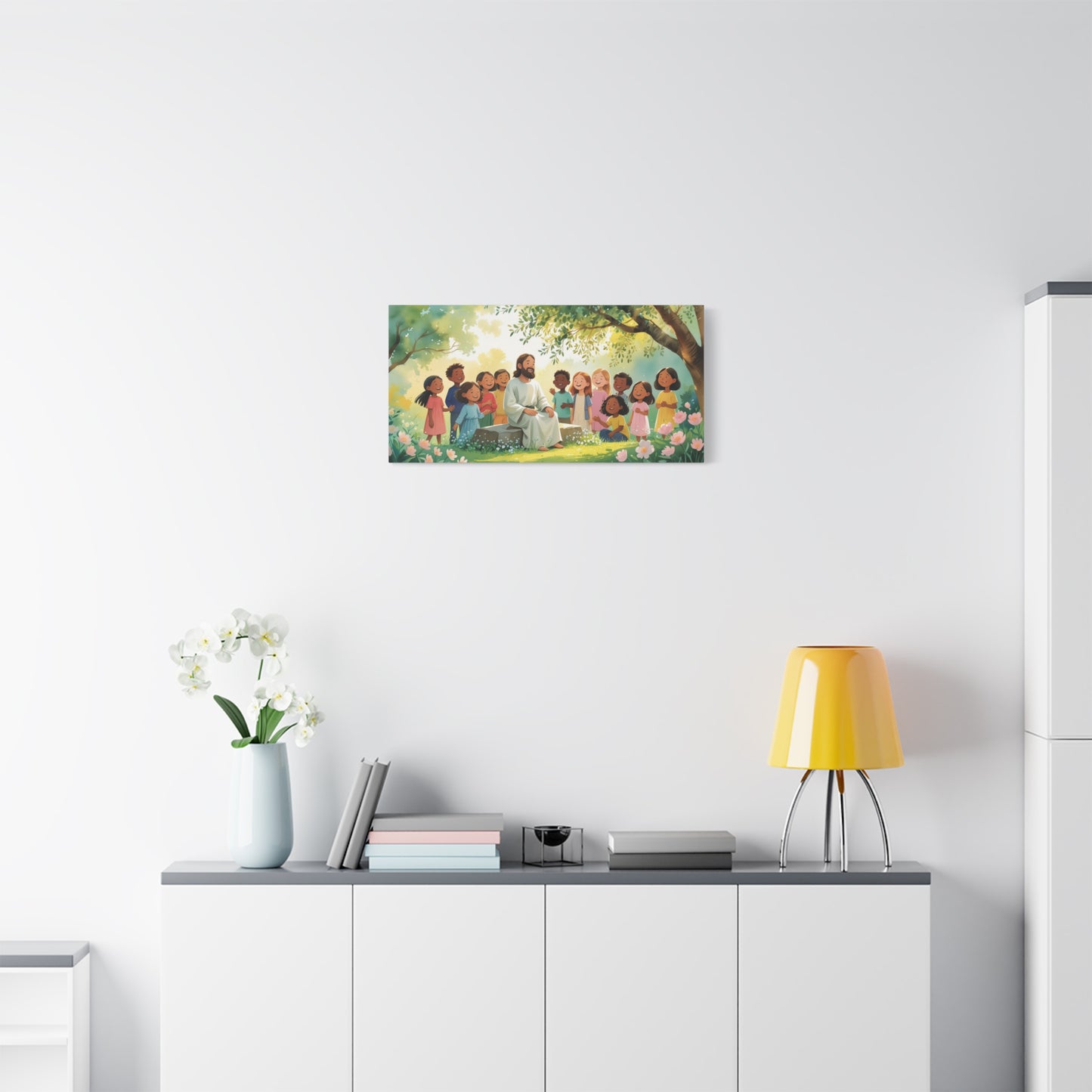 Jesus With Children Canvas Wall Art - Sunlit Garden Faith Illustration, Christian Nursery Decor, Matte Cotton Print, Traditional Style - Kids Room, Classroom, Living Room Wall Decor - Ready to Hang