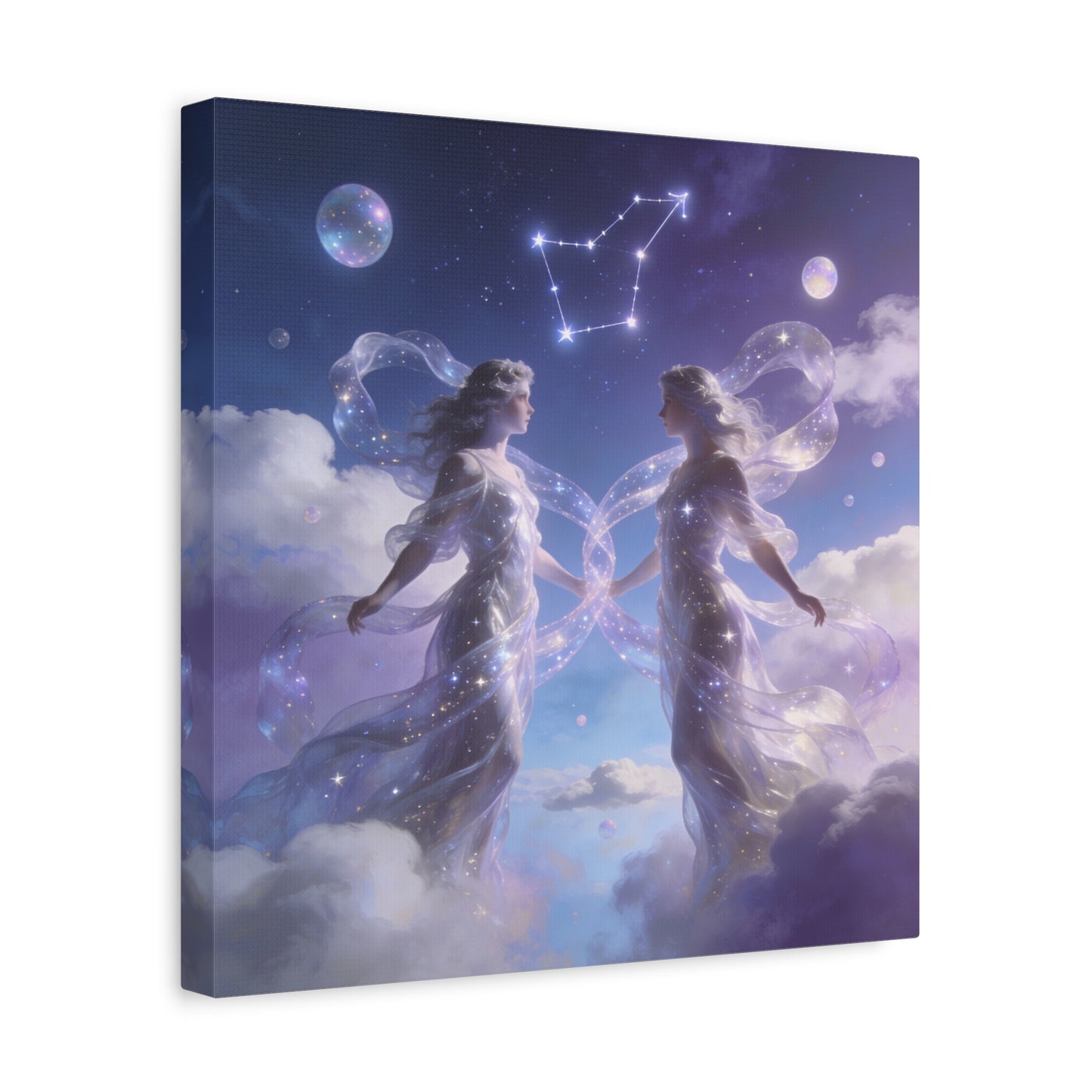 Gemini Zodiac Canvas Wall Art - Celestial Twin Women Under Constellation, Dreamy Fantasy Sky Scene - Matte Cotton Art Print - Bedroom Wall Decor, Meditation Space Accent - Bedroom Home Decoration