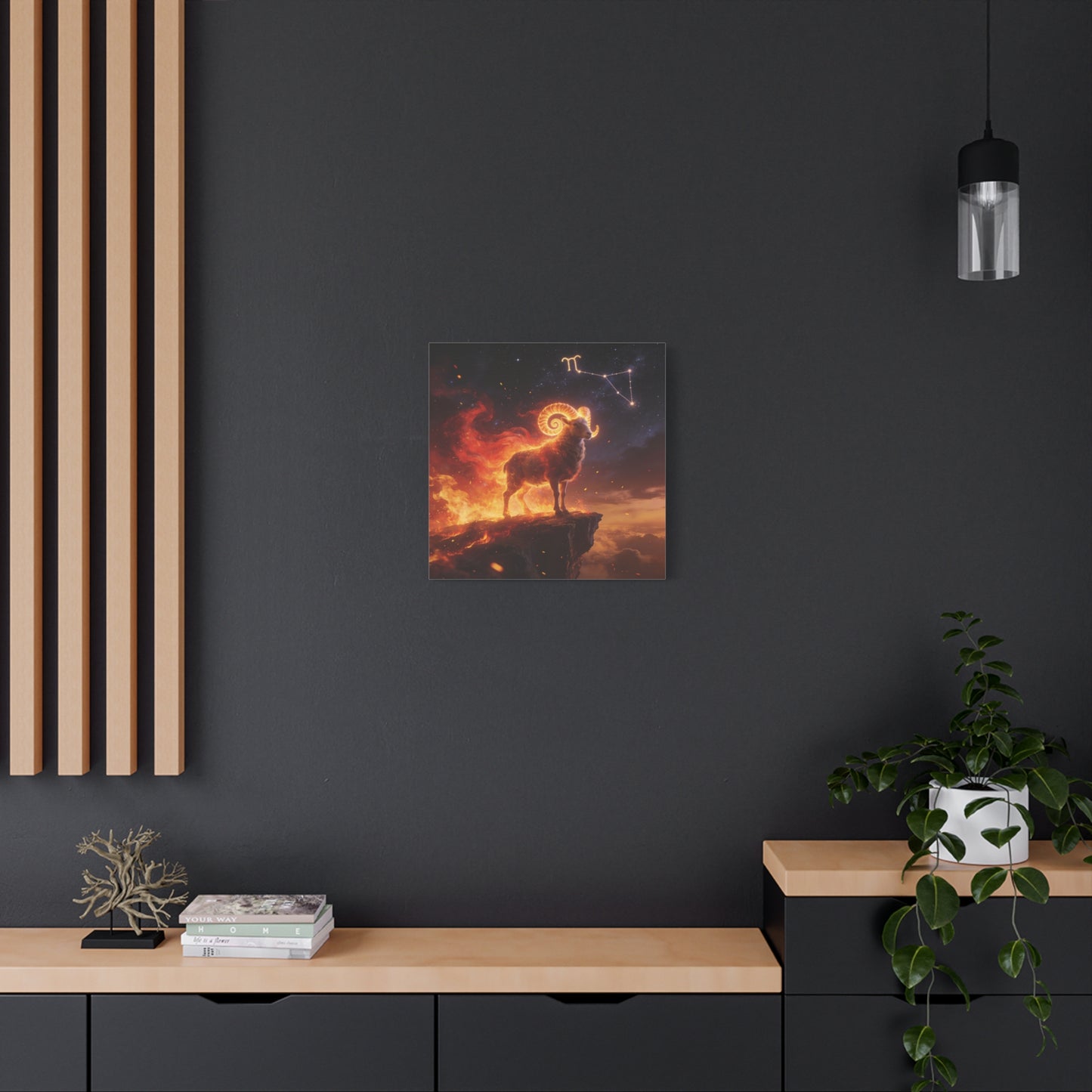 Aries Ram Canvas Wall Art - Fiery Zodiac Constellation Celestial Animal Print - Glowing Horns, Cosmic Night Sky - Contemporary Fantasy Style - Bedroom Home Decoration Office Wall Art - Ready to Hang