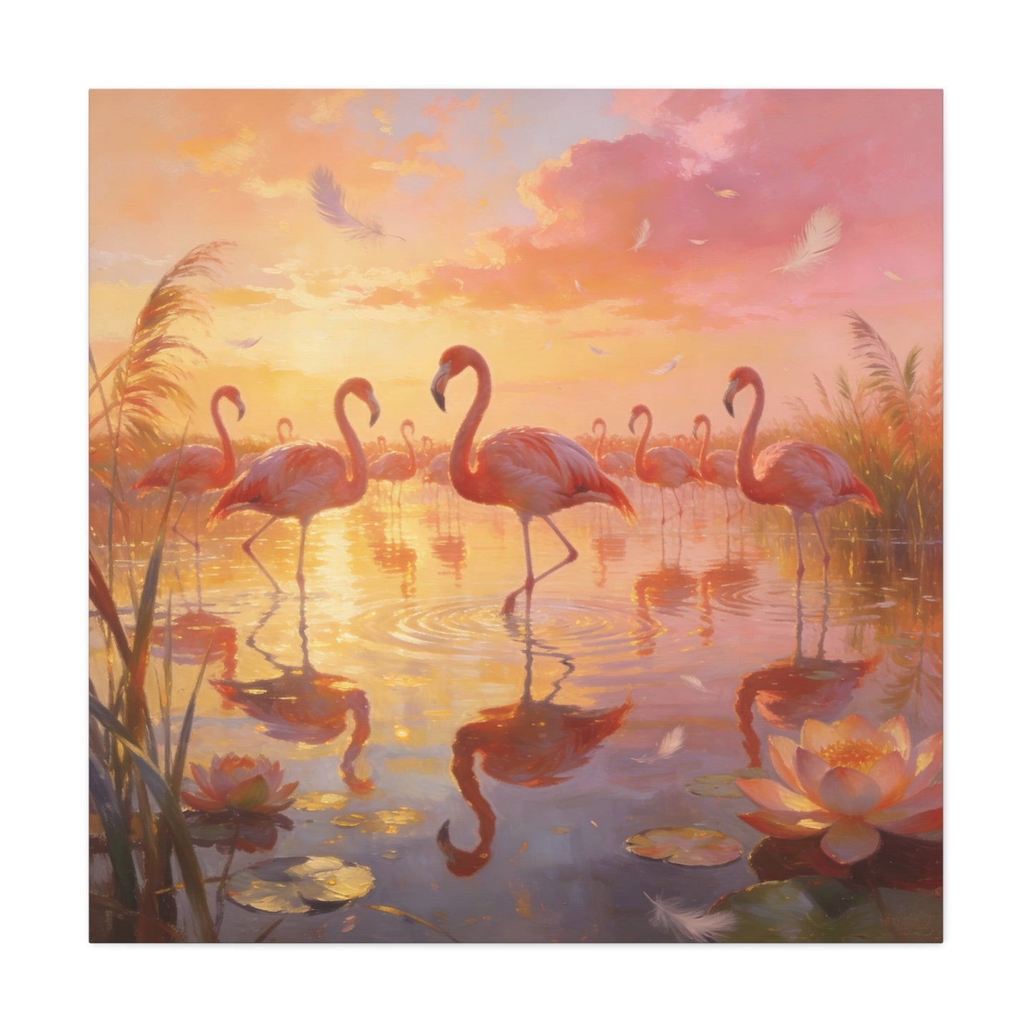 Pink Flamingo Canvas Wall Art - Sunset Wetland Birds, Lotus Pond Reflections - Dreamy Tropical Illustration, Matte Canvas Print - Living Room Wall Decor, Bedroom Home Decoration - Ready to Hang