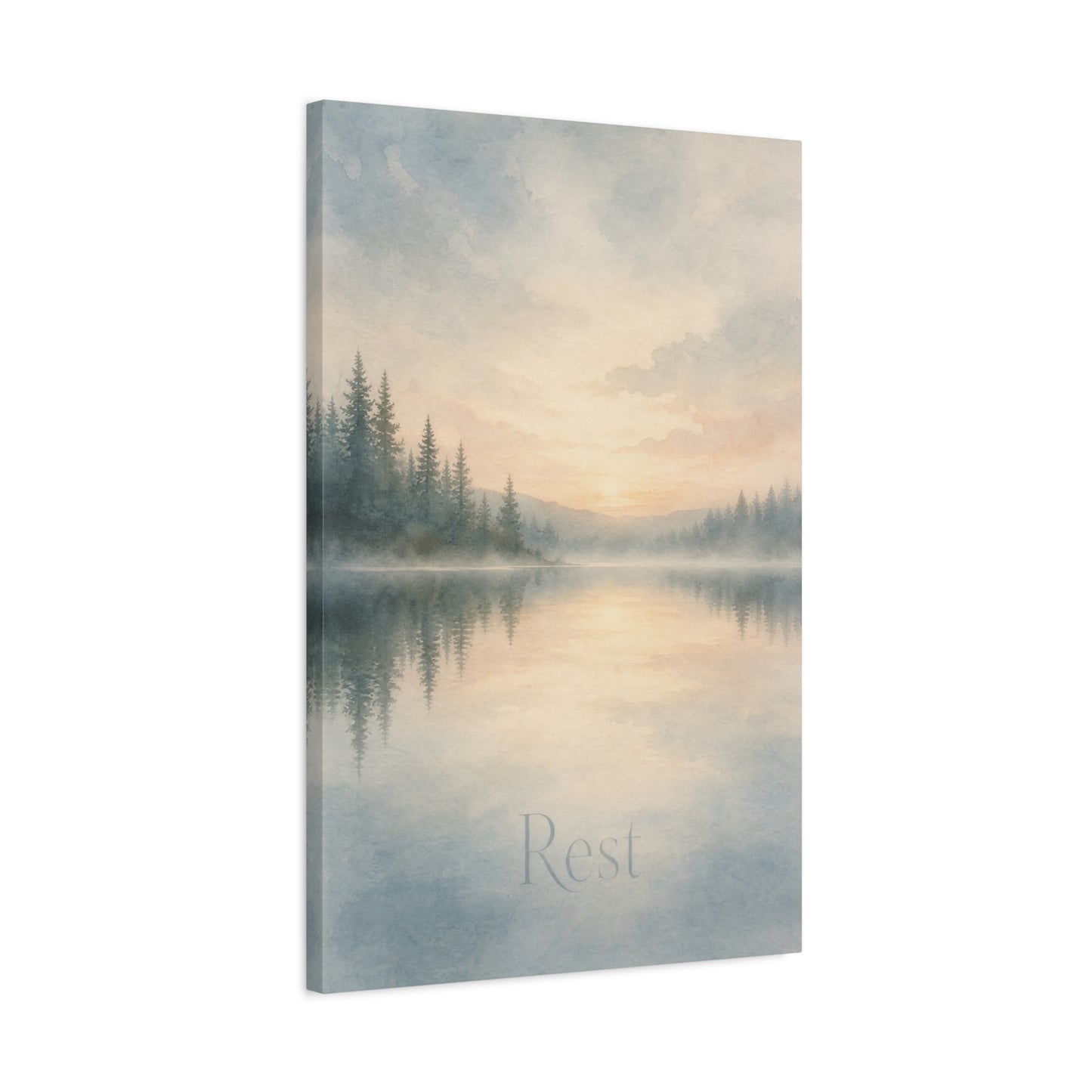 "Rest" Misty Lake Canvas Wall Art - Pine Forest Sunrise Reflection Print - Serene Landscape Home Decor, Bedroom Wall Hanging, Minimalist Nature Artwork, Meditation Space Accent - Ready to Hang