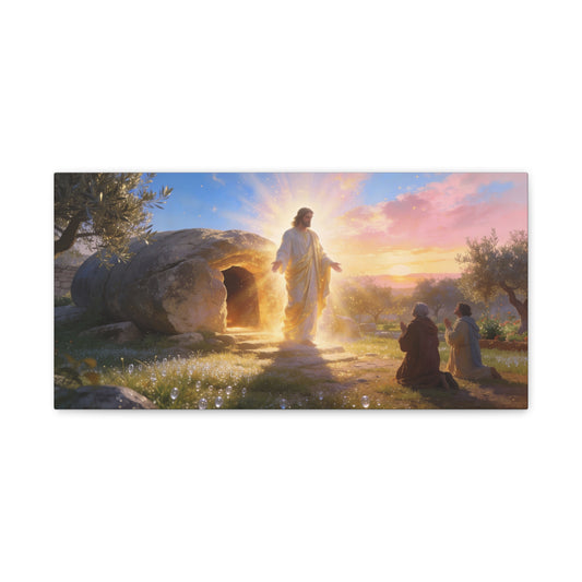 Resurrection Of Jesus Christ Canvas Wall Art - Empty Tomb Sunrise Christian Decor - Glowing Sacred Illustration, Traditional Style - Bedroom Wall Decor, Living Room Home Accent - Cozy Reading Nook Art