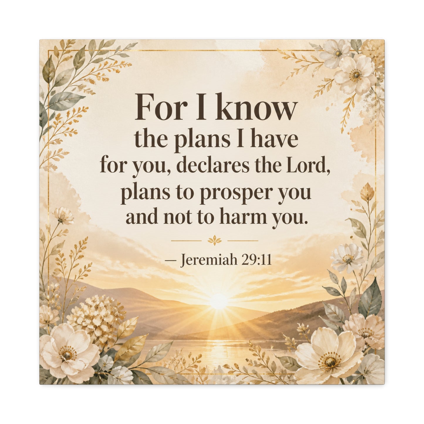"For I Know The Plans I Have For You" Bible Verse Canvas Wall Art - Jeremiah 29:11 Floral Scripture Print, Gold Sunrise Landscape, Christian Wall Decor For Bedroom, Living Room - Ready to Hang