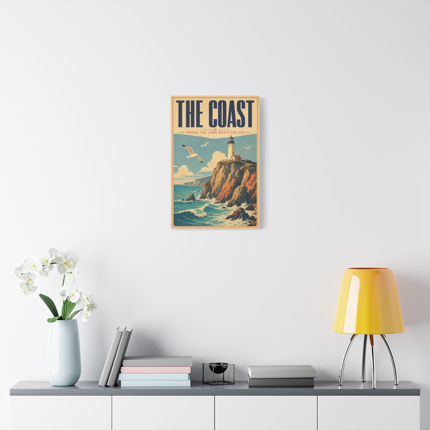 "The Coast Where The Land Meets The Sea" Canvas Wall Art - Vintage Lighthouse Seascape, Coastal Cliff Poster Style Print - Nautical Wall Decor, Beach House Living Room Decoration - Ready to Hang