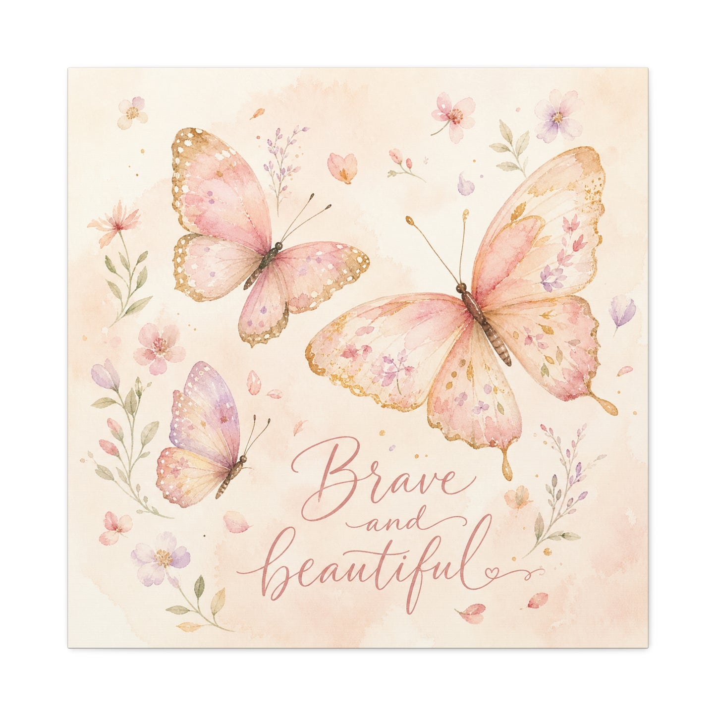 "Brave And Beautiful" Butterfly Canvas Wall Art - Pink Floral Watercolor Quote Print - Inspirational Girls Bedroom Decor - Nursery Wall Hanging - Bedroom Home Decoration - Modern Farmhouse Style