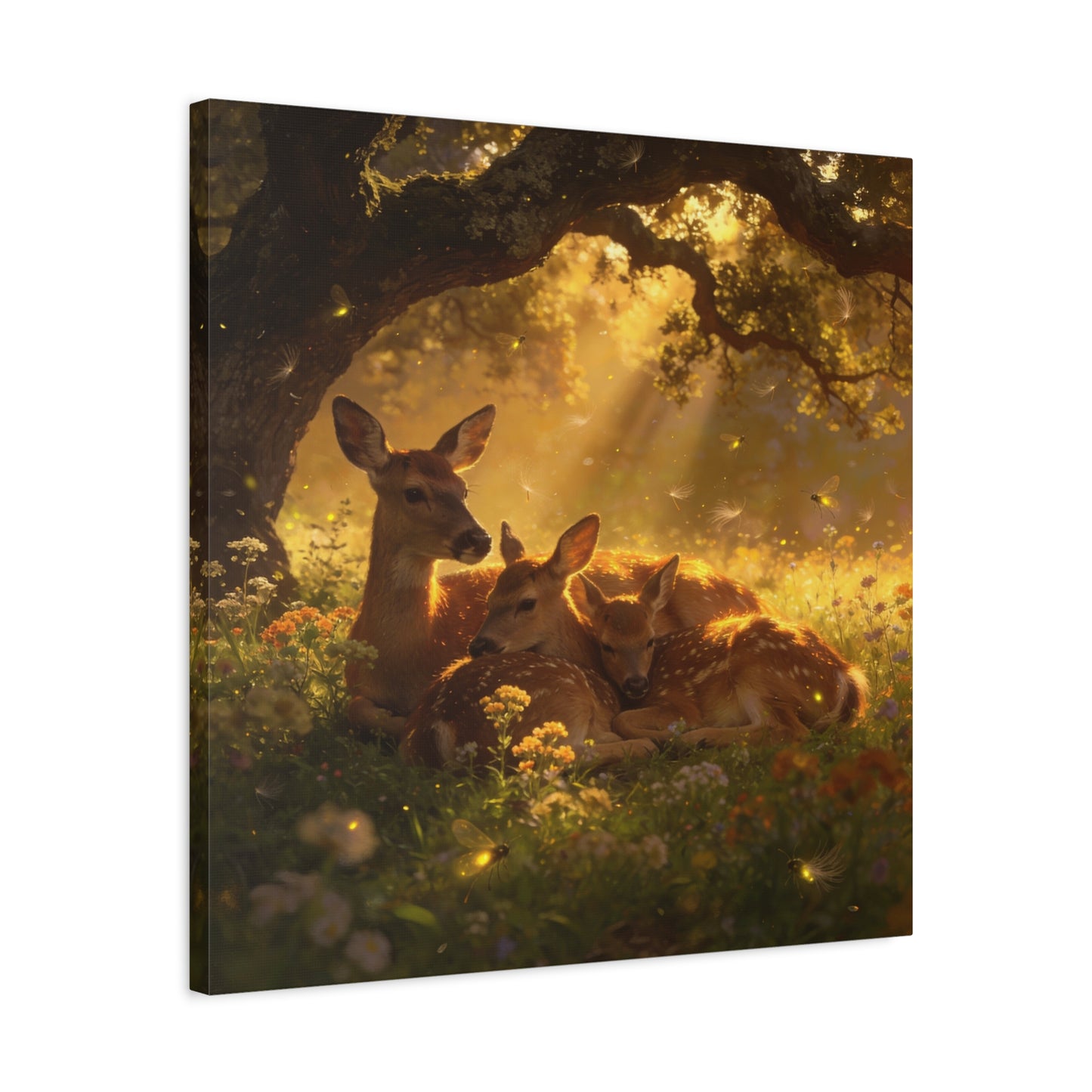 Doe And Fawns Canvas Wall Art - Woodland Deer Family In Golden Light, Whimsical Nature Scene - Matte Finish Cotton Print - Rustic Traditional Style - Bedroom Wall Decor - Bedroom Home Decoration