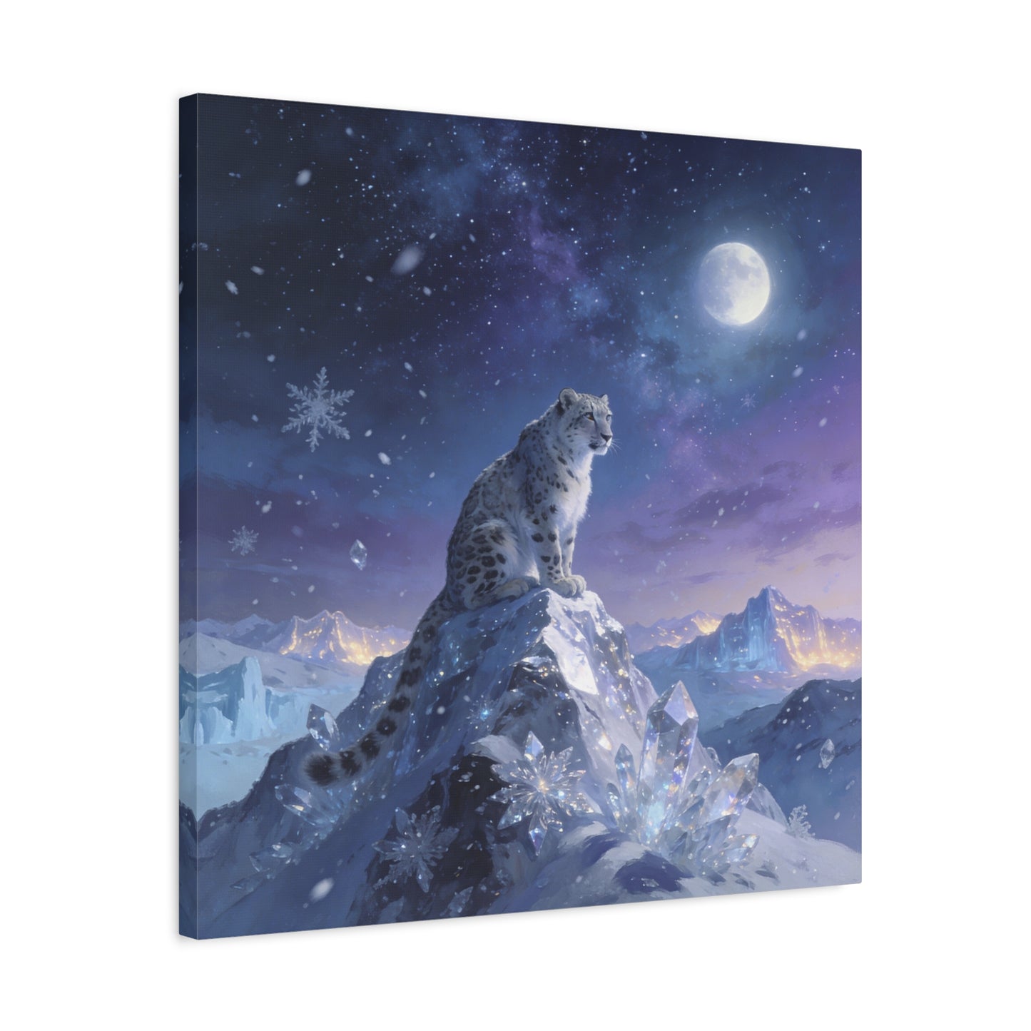Snow Leopard Canvas Wall Art - Moonlit Arctic Crystal Landscape, Fantasy Wildlife Print - Matte Cotton Canvas - Contemporary Winter Style - Living Room Wall Decor Bedroom Home Decoration