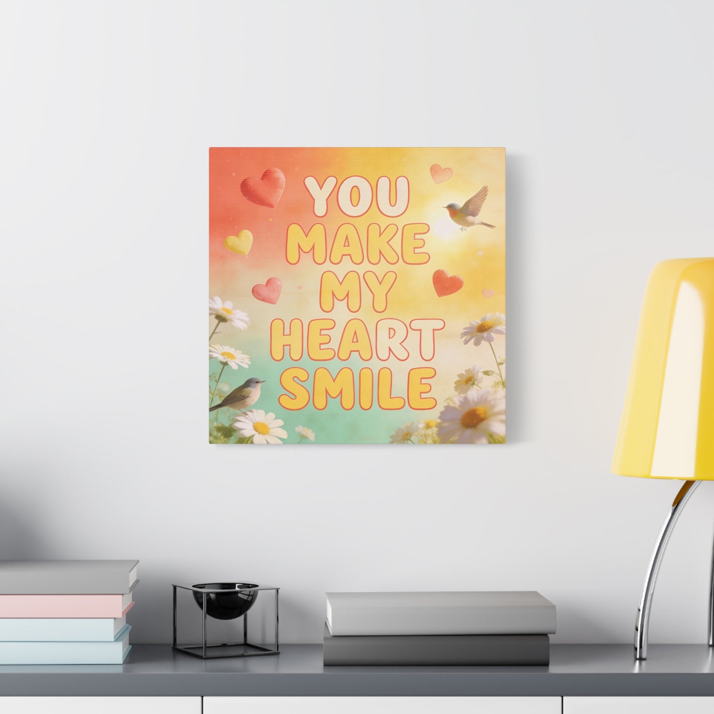 "You Make My Heart Smile" Inspirational Canvas Wall Art - Daisy And Songbird Quote Print, Pastel Typography Decor, Cheerful Bedroom Wall Hanging, Nursery Home Accent - Bedroom Home Decoration