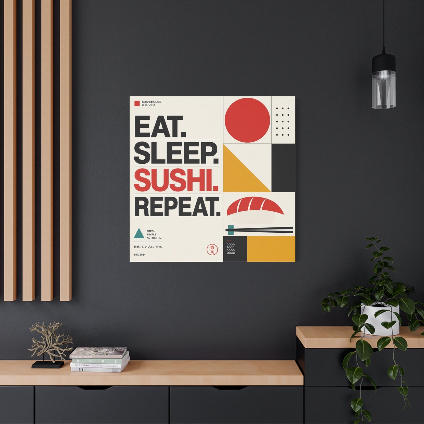 "Eat. Sleep. Sushi. Repeat." Sushi Canvas Wall Art - Japanese Typography Print, Geometric Food Poster Design - Modern Minimalist Cotton Canvas - Cafe Decor, Kitchen Accent, Dining Room Artwork