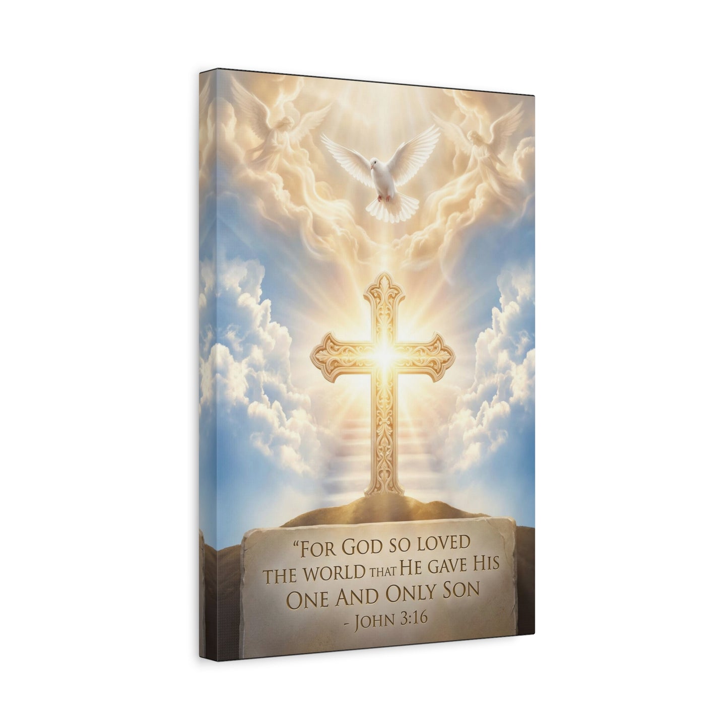 "For God So Loved The World That He Gave His One And Only Son" Christian Canvas Wall Art - Glowing Cross, Dove And Angels - Traditional Religious Wall Decor - Bedroom Living Room - Ready to Hang