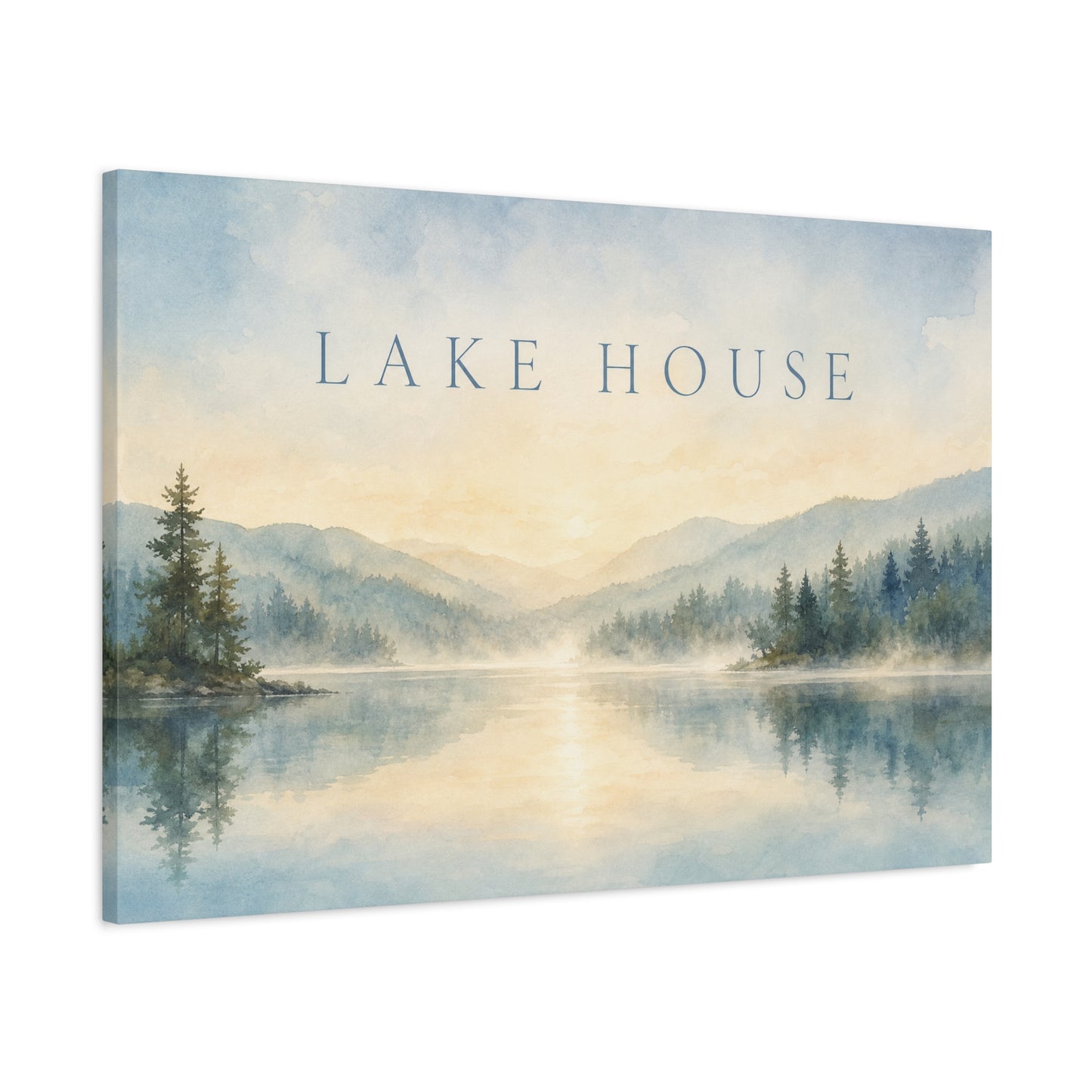 "Lake House" Canvas Wall Art - Misty Mountain Watercolor Landscape Print, Serene Cabin Decor, Rustic Retreat Wall Hanging, Bedroom Home Decoration, Entryway Accent, Vacation Rental Style