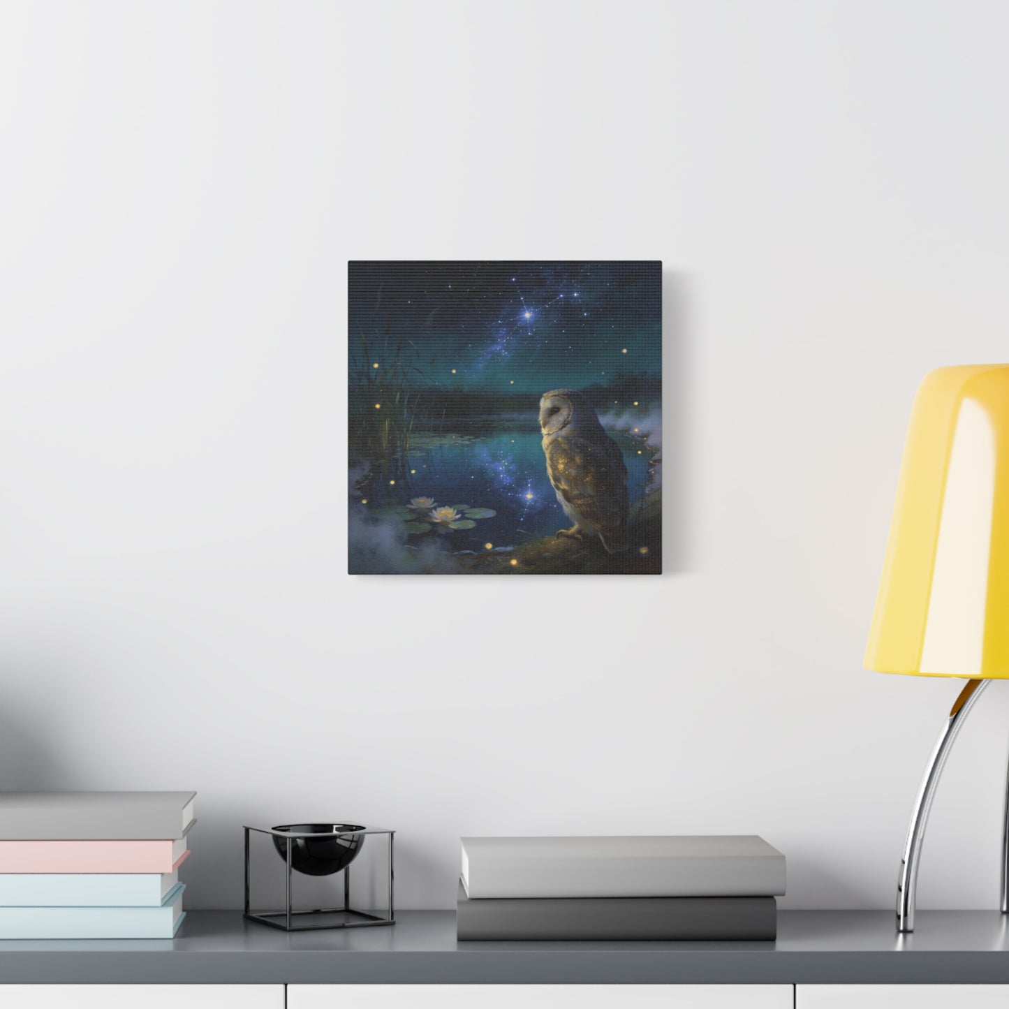 Barn Owl Canvas Wall Art - Moonlit Pond, Fireflies, Water Lilies, Starry Night Sky - Dreamy Wildlife Painting - Matte Finish Canvas Print - Bedroom Wall Decor, Nursery Accent - Bedroom Home Decoration