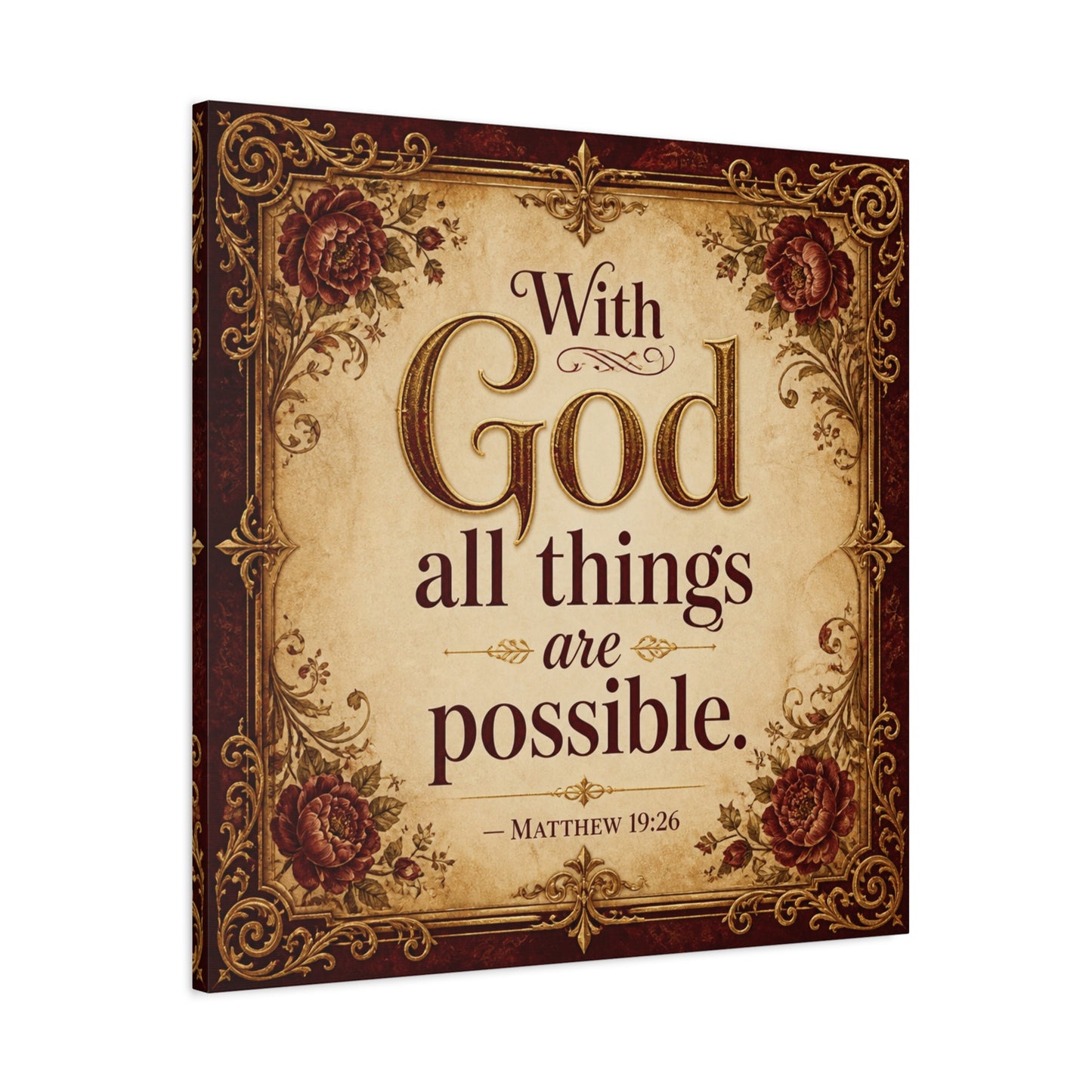 "With God All Things Are Possible. - Matthew 19:26" Christian Canvas Wall Art - Vintage Floral Scripture Print, Traditional Inspirational Decor, Living Room Bedroom Wall Hanging - Ready to Hang
