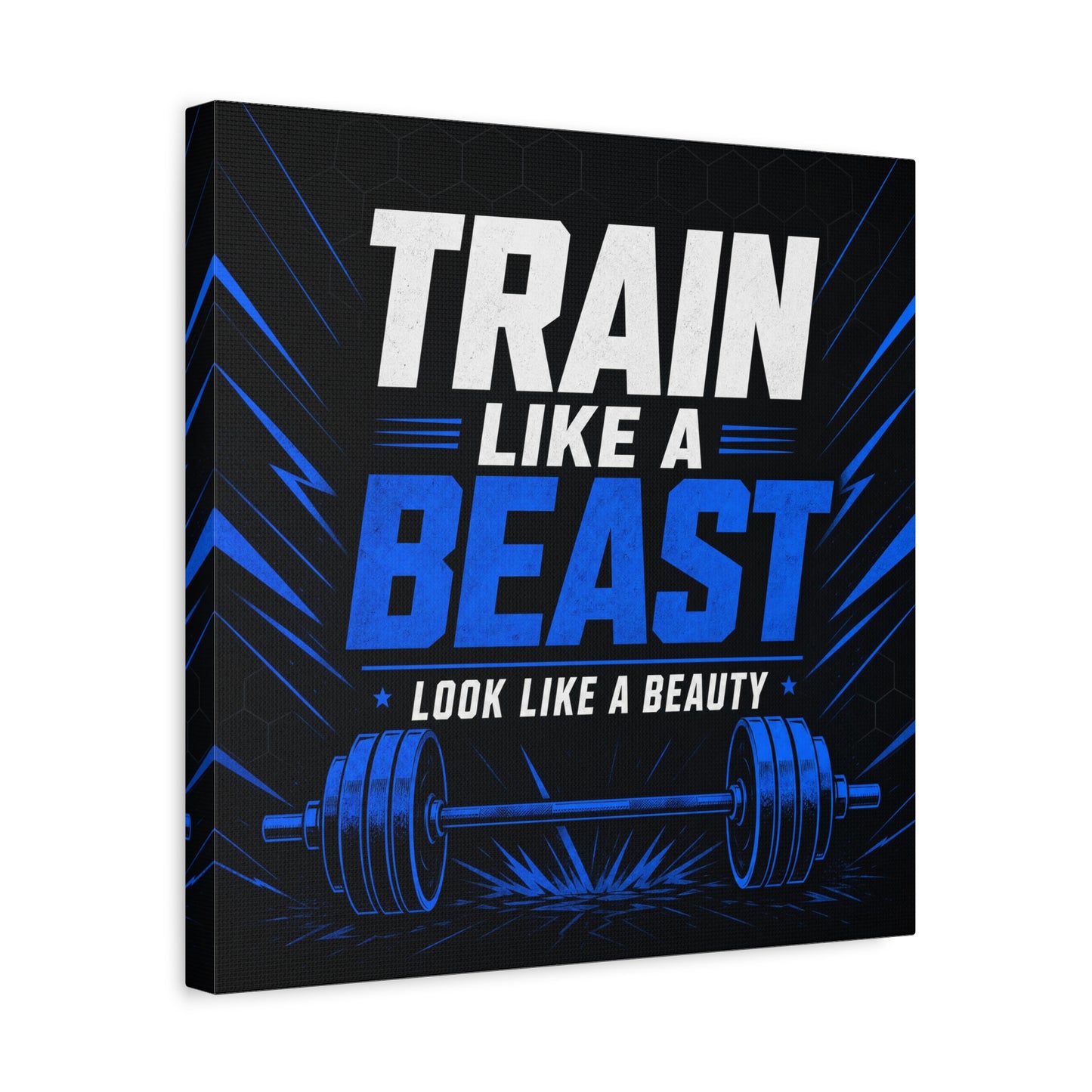 "Train Like A Beast Look Like A Beauty" Gym Canvas Wall Art - Blue Black Barbell Typography Motivational Fitness Decor - Modern Sports Quote Print - Ready to Hang - Living Room Wall Decor