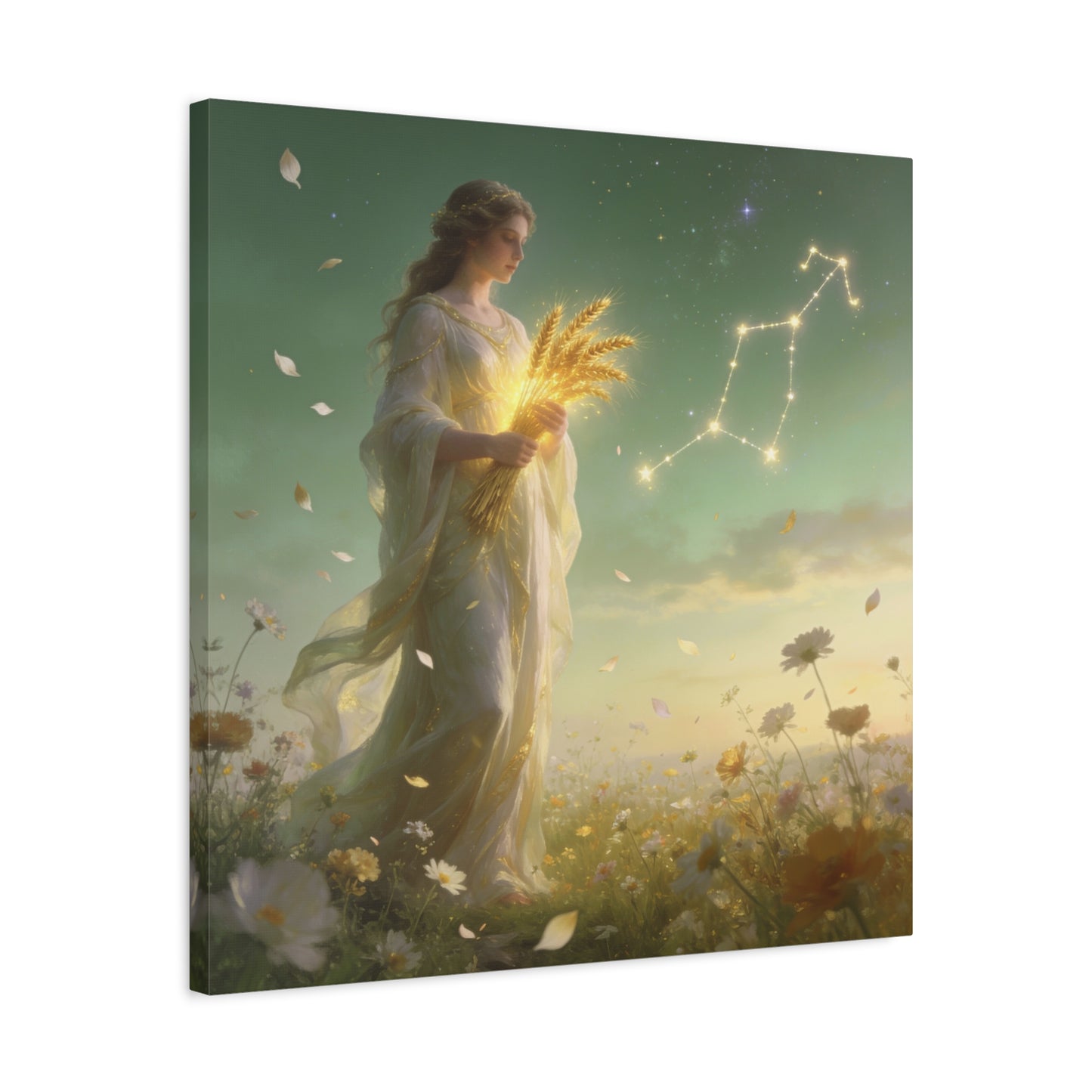 Virgo Maiden Canvas Wall Art - Celestial Wheat Goddess Illustration, Luminous Zodiac Sky, Matte Cotton Print, Bohemian Bedroom Decor, Meditation Space Accent, Ready To Hang - Living Room Wall Decor
