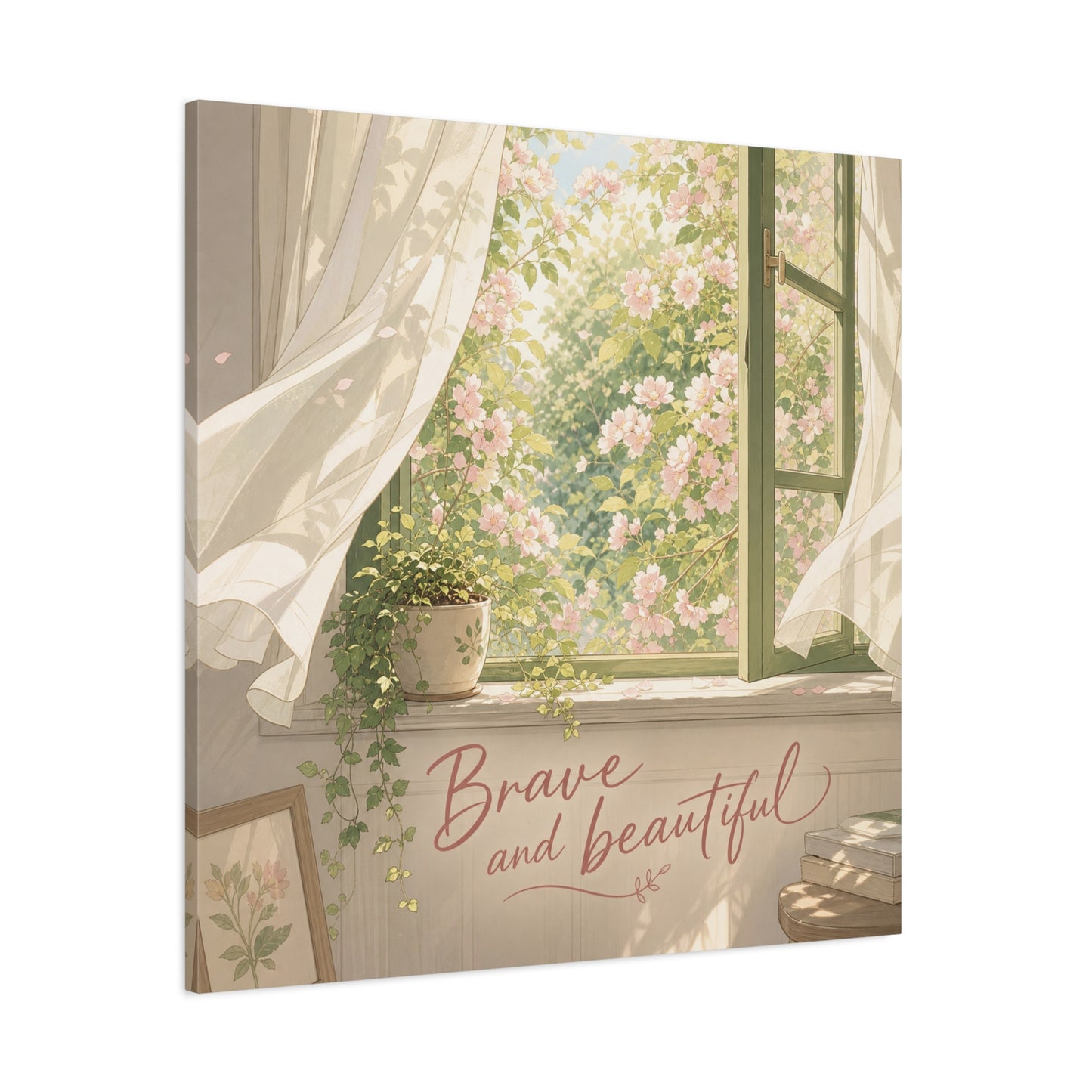 "Brave And Beautiful" Inspirational Canvas Wall Art - Open Window Pink Blossoms, Sheer Curtains, Botanical Quote Print - Soft Vintage Style - Bedroom Wall Decor, Living Room Accent - Ready to Hang