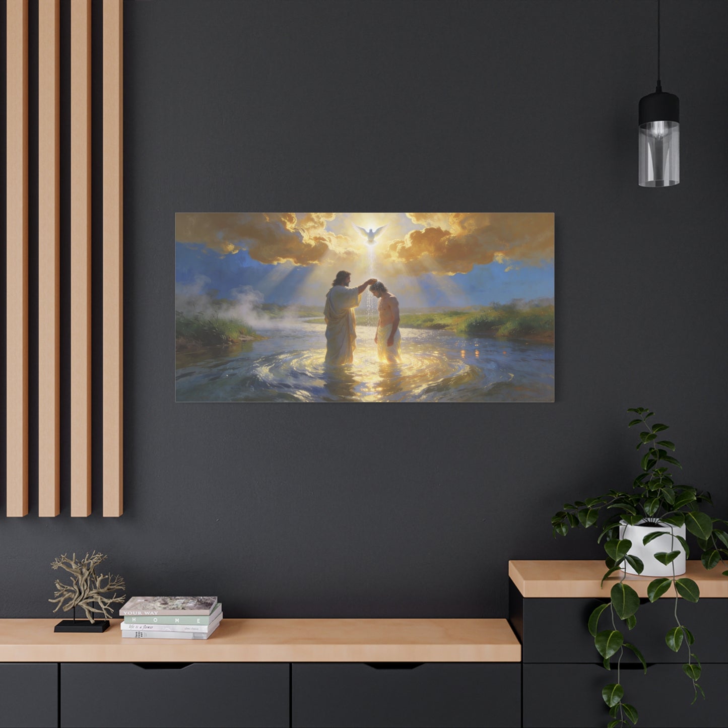 Baptism Of Jesus Christ Canvas Wall Art - Dove, Golden Light, River Scene - Religious Christian Wall Decor, Traditional Matte Canvas Print, Living Room Bedroom Home Decoration - Modern Farmhouse Style