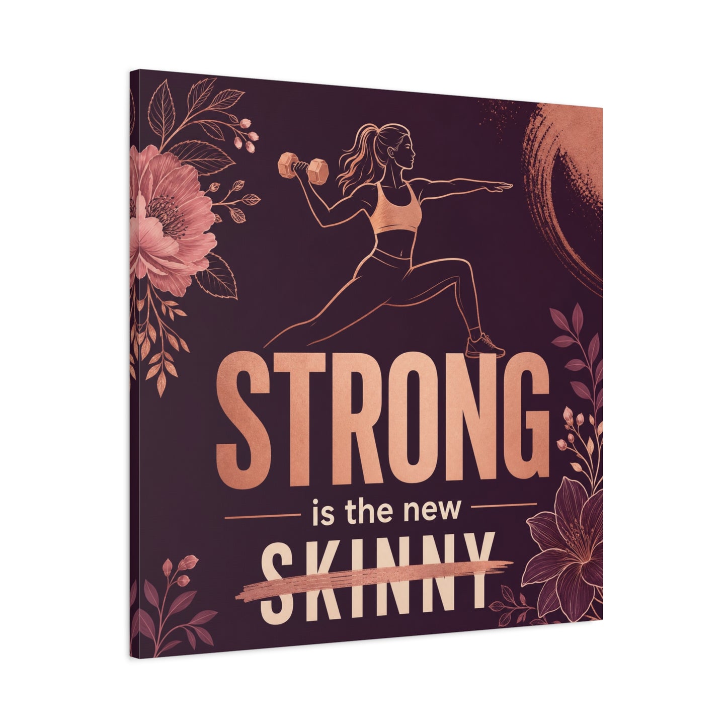 "Strong Is The New Skinny" Fitness Canvas Wall Art - Woman With Dumbbell Floral Quote Print - Rose Gold Motivational Decor - Modern Bedroom Wall Decor - Bedroom Home Decoration - Cozy Reading Nook Art