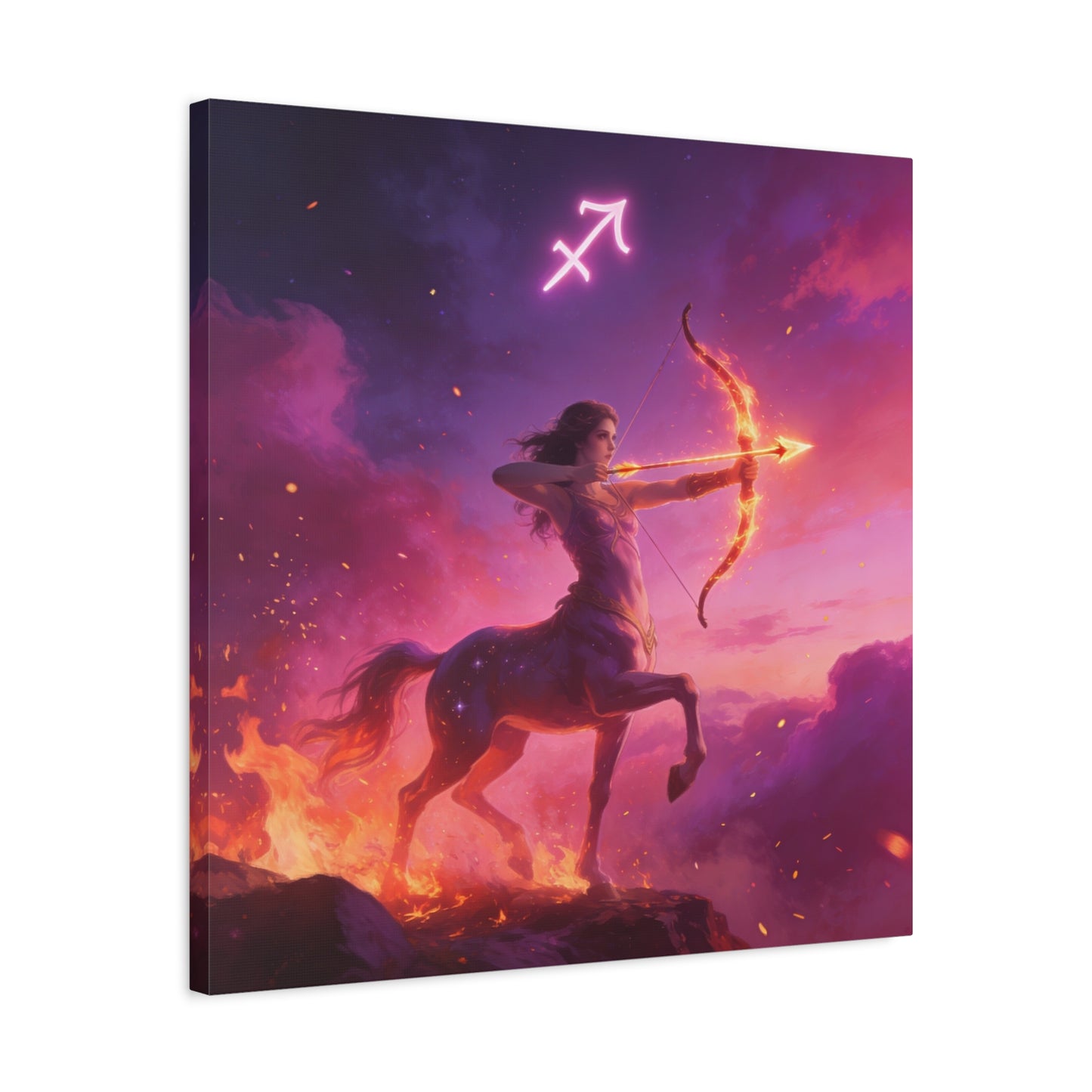 Sagittarius Centaur Archer Canvas Wall Art - Zodiac Fantasy Fire Bow Illustration - Purple Pink Matte Canvas Print - Bedroom Home Decoration, Living Room Wall Decor, Celestial Decor - Ready to Hang