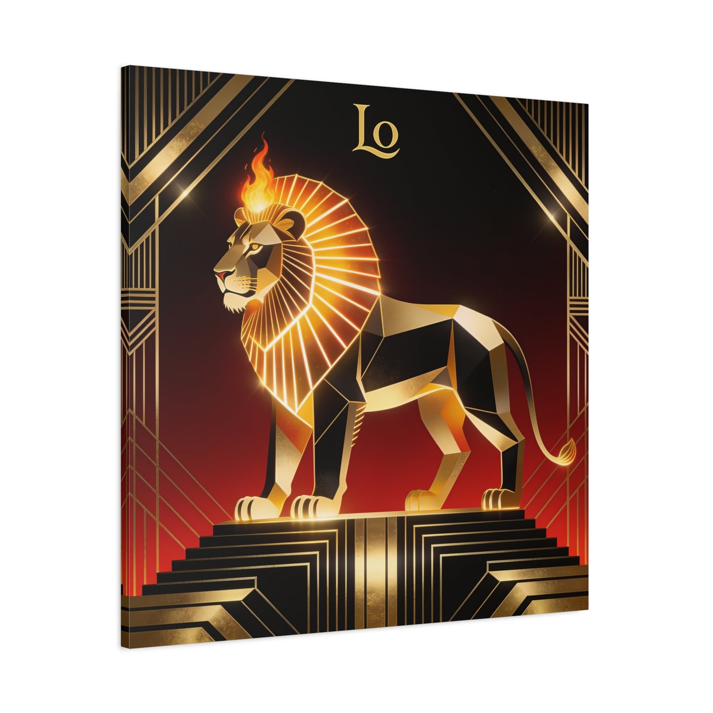 "Lo" Geometric Lion Canvas Wall Decor - Art Deco Gold Black Red Animal Print - Flaming Mane Illustration, Modern Luxe Interior Accent, Living Room Home Decoration - Living Room Wall Decor