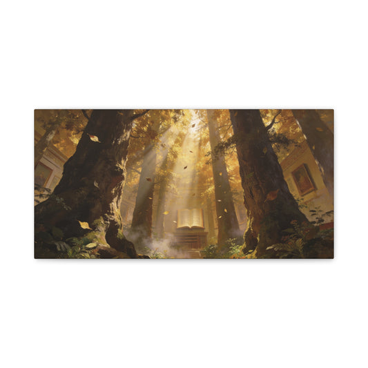 Enchanted Forest Library Canvas Wall Art - Sunbeams, Open Book, Autumn Trees - Matte Cotton Art Print - Fantasy Landscape Style - Living Room Wall Decor, Office Accent - Bedroom Home Decoration