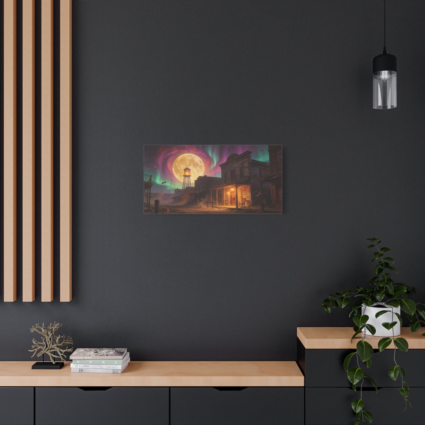 Moonlit Western Town Canvas Wall Art - Surreal Desert Street, Water Tower, Aurora Sky - Matte Cotton Art Print - Vintage Frontier Style, Living Room Wall Decor Office Accent - Bedroom Home Decoration