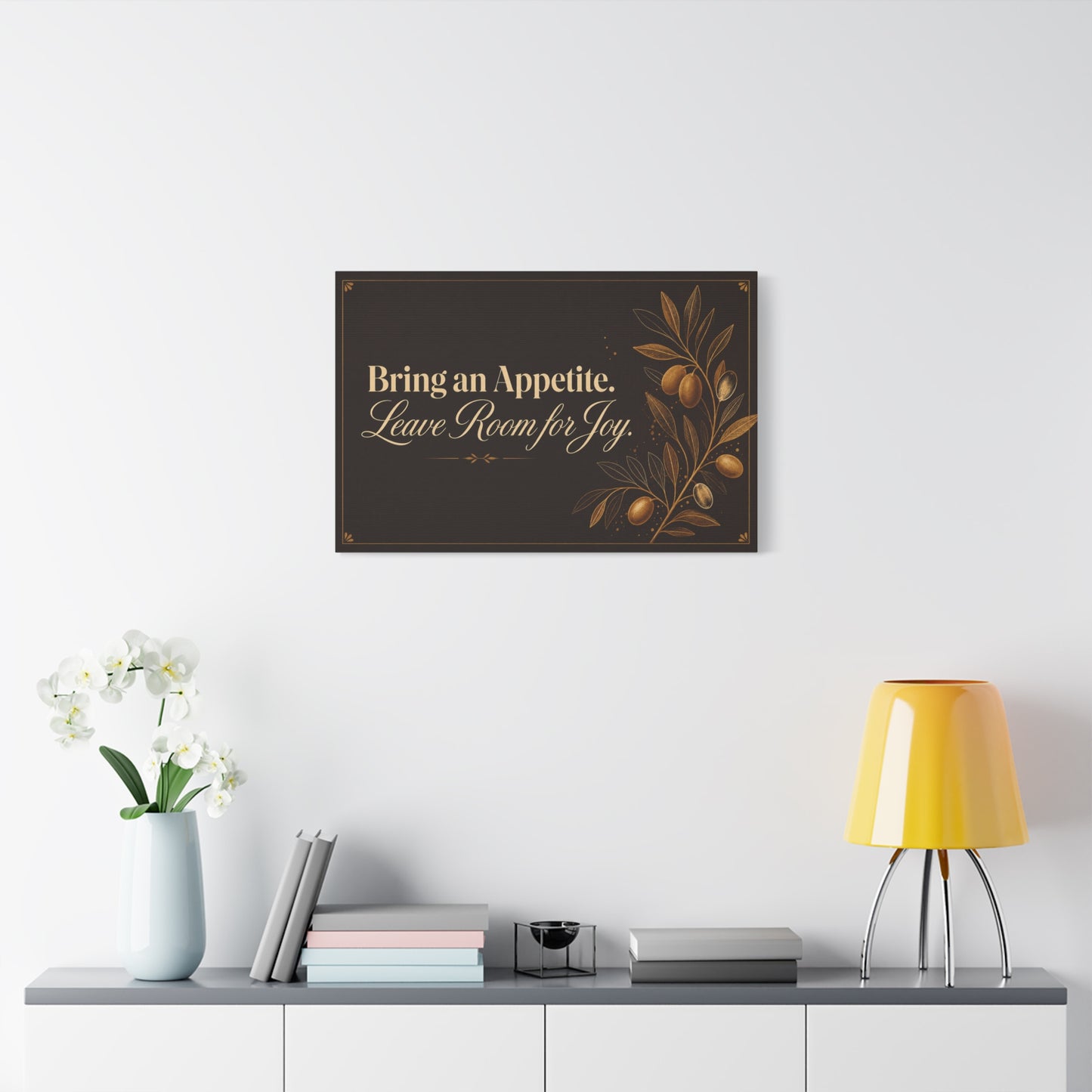 "Bring An Appetite. Leave Room For Joy." Typography Canvas Wall Art - Olive Branch Kitchen Decor - Vintage Dark Brown And Gold Quote Print - Dining Room Home Decoration - Bedroom Home Decoration