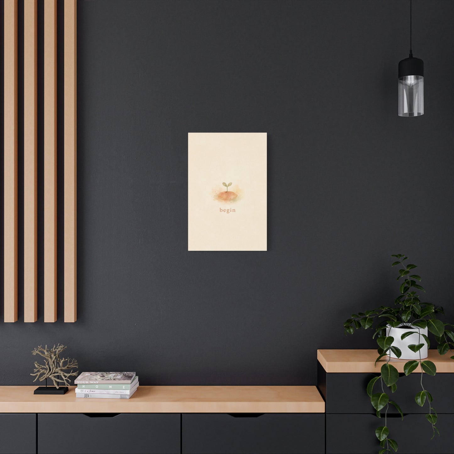 "Begin" Minimalist Sprout Canvas Wall Art - Inspirational Typography Print, Soft Beige Botanical Watercolor - Contemporary Neutral Decor For Bedroom, Nursery, Home Office, Meditation Space