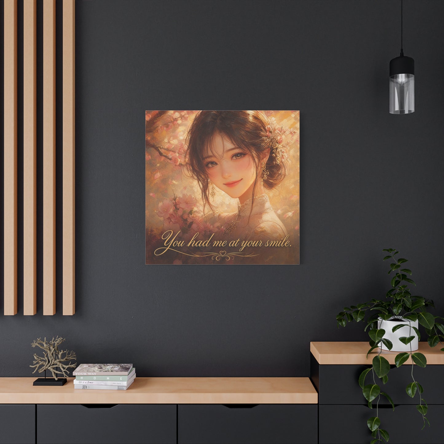 You Had Me At Your Smile Portrait Canvas Wall Art - Romantic Floral Woman Quote Print - Golden Blush Illustration - Traditional Style Living Room Decor - Ready to Hang - Living Room Wall Decor