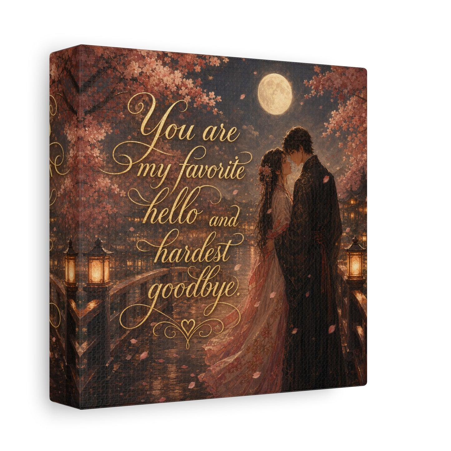 "You Are My Favorite Hello And Hardest Goodbye" Romantic Canvas Wall Art - Moonlit Cherry Blossom Couple, Gold Script Quote Print - Traditional Love Decor, Bedroom Wall Hanging - Cozy Reading Nook Art