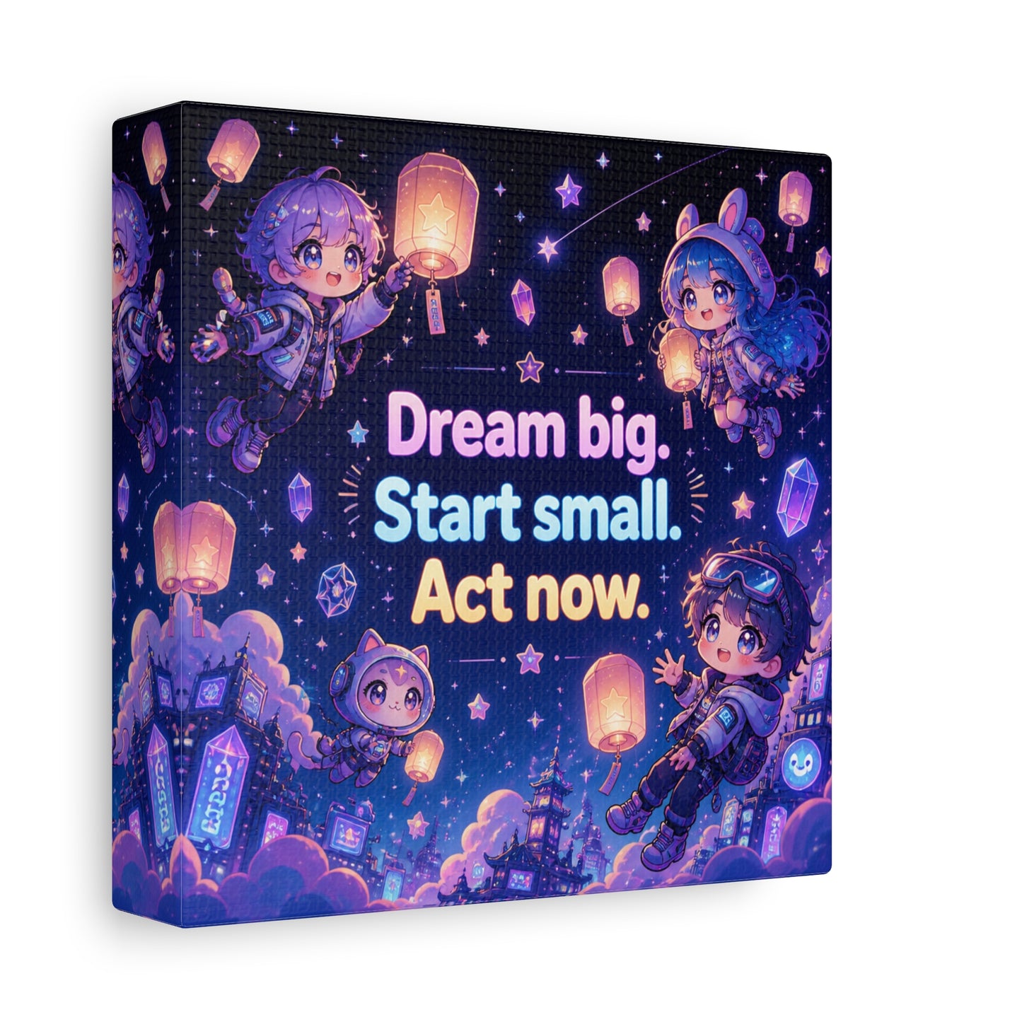 "Dream Big. Start Small. Act Now." Inspirational Canvas Wall Art - Kawaii Space Kids, Star Lantern Night Sky Quote Print - Neon Purple Blue Decor, Bedroom Home Decoration, Teen Room Accent
