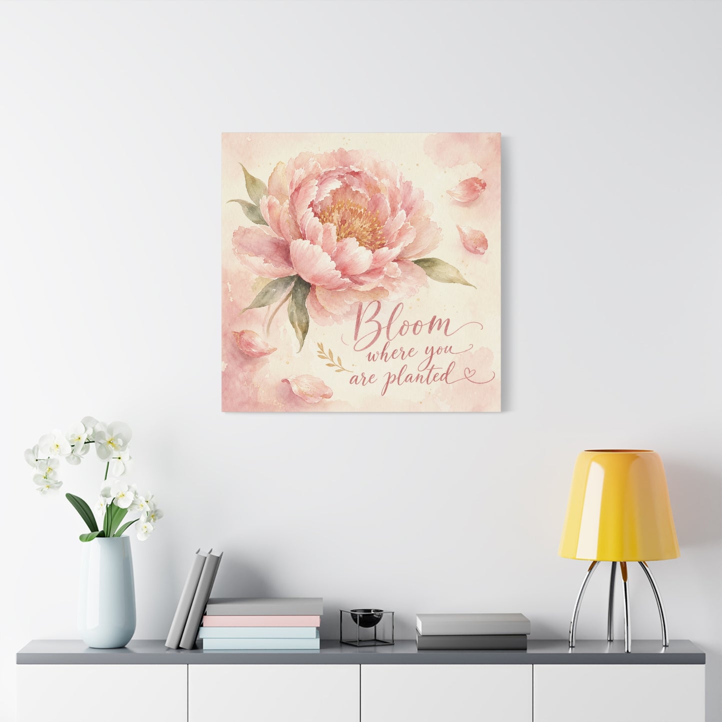 "Bloom Where You Are Planted" Peony Canvas Wall Art - Pink Watercolor Floral Quote Print, Soft Botanical Decor, Bedroom Wall Hanging, Feminine Farmhouse Style - Bedroom Home Decoration - Ready to Hang