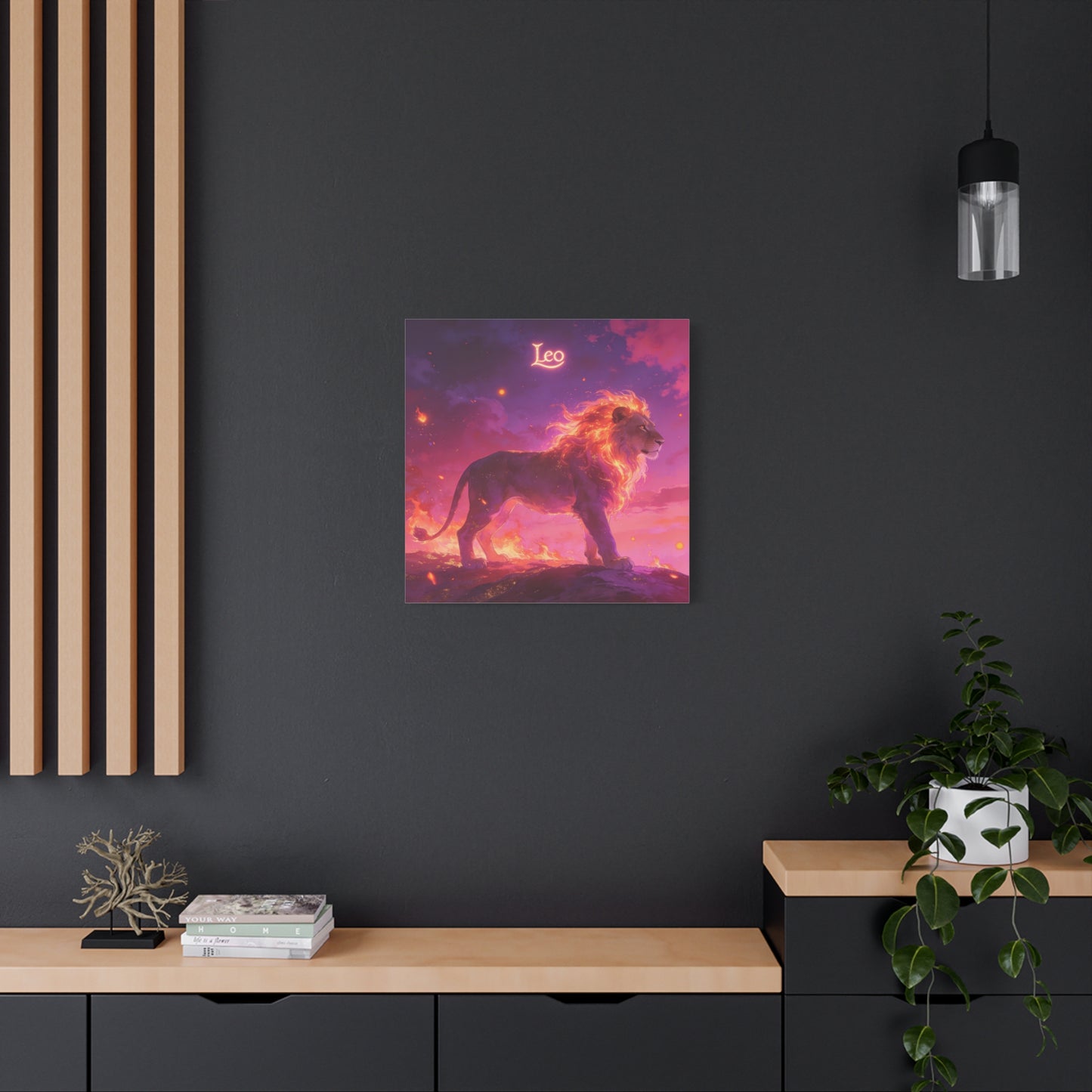 "Leo" Lion Canvas Wall Art - Fiery Zodiac Illustration, Purple Pink Sky, Matte Finish Canvas Print - Modern Astrology Decor, Bedroom Home Decoration, Office Wall Art Accent - Bedroom Home Decoration