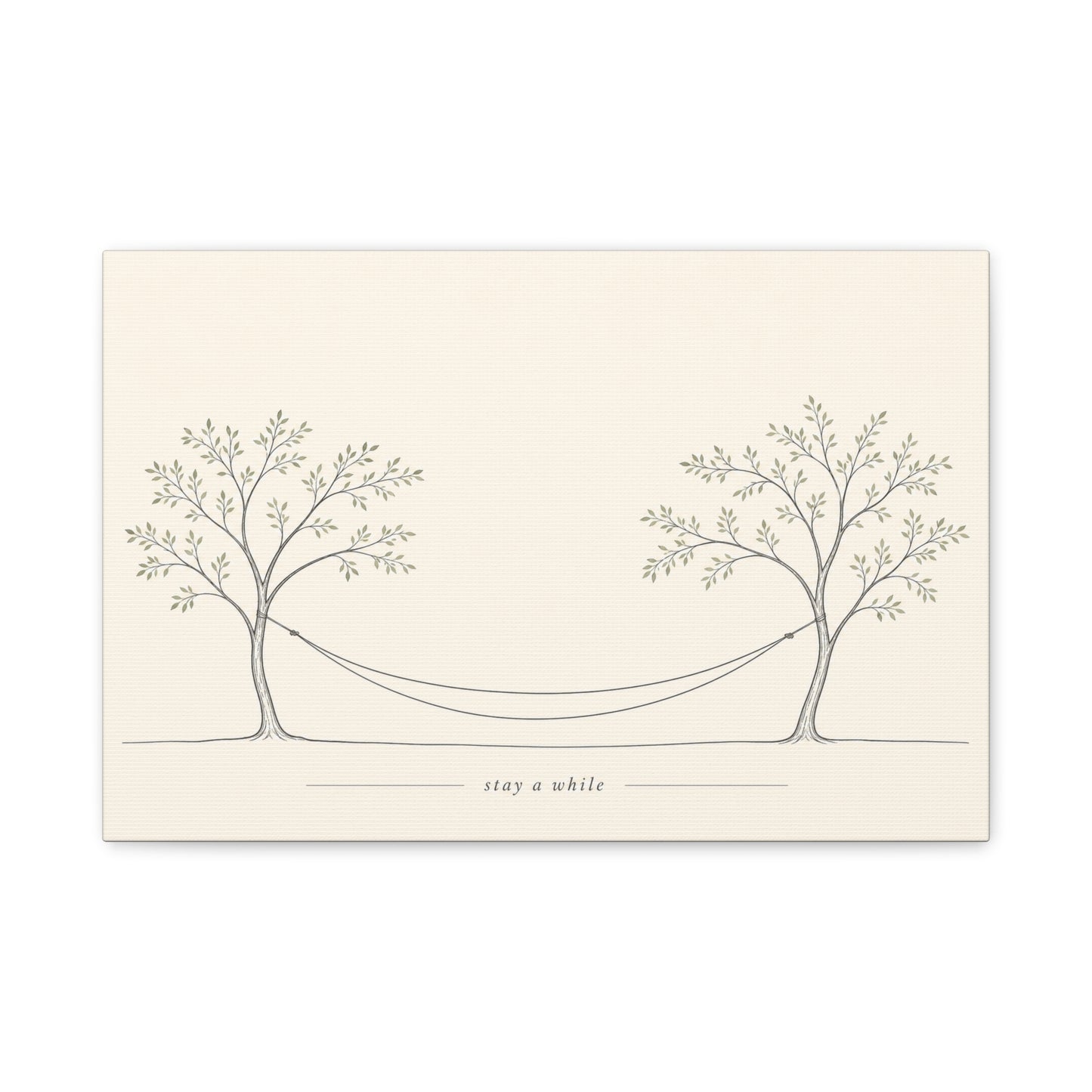 "Stay A While" Hammock Between Trees Canvas Wall Art - Minimalist Botanical Line Drawing, Neutral Beige Cotton Canvas Print - Bedroom Wall Decor, Living Room Home Decoration - Bedroom Home Decoration