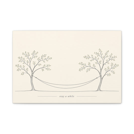 "Stay A While" Hammock Between Trees Canvas Wall Art - Minimalist Botanical Line Drawing, Neutral Beige Cotton Canvas Print - Bedroom Wall Decor, Living Room Home Decoration - Bedroom Home Decoration