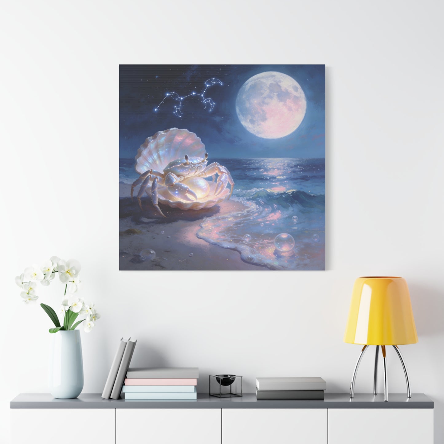 Moonlit Crab Canvas Wall Art - Zodiac Cancer Seascape, Pearl Shell Ocean Night Decor - Dreamy Coastal Illustration, capiz shells wall decor, Bedroom Home Decoration - Bedroom Home Decoration