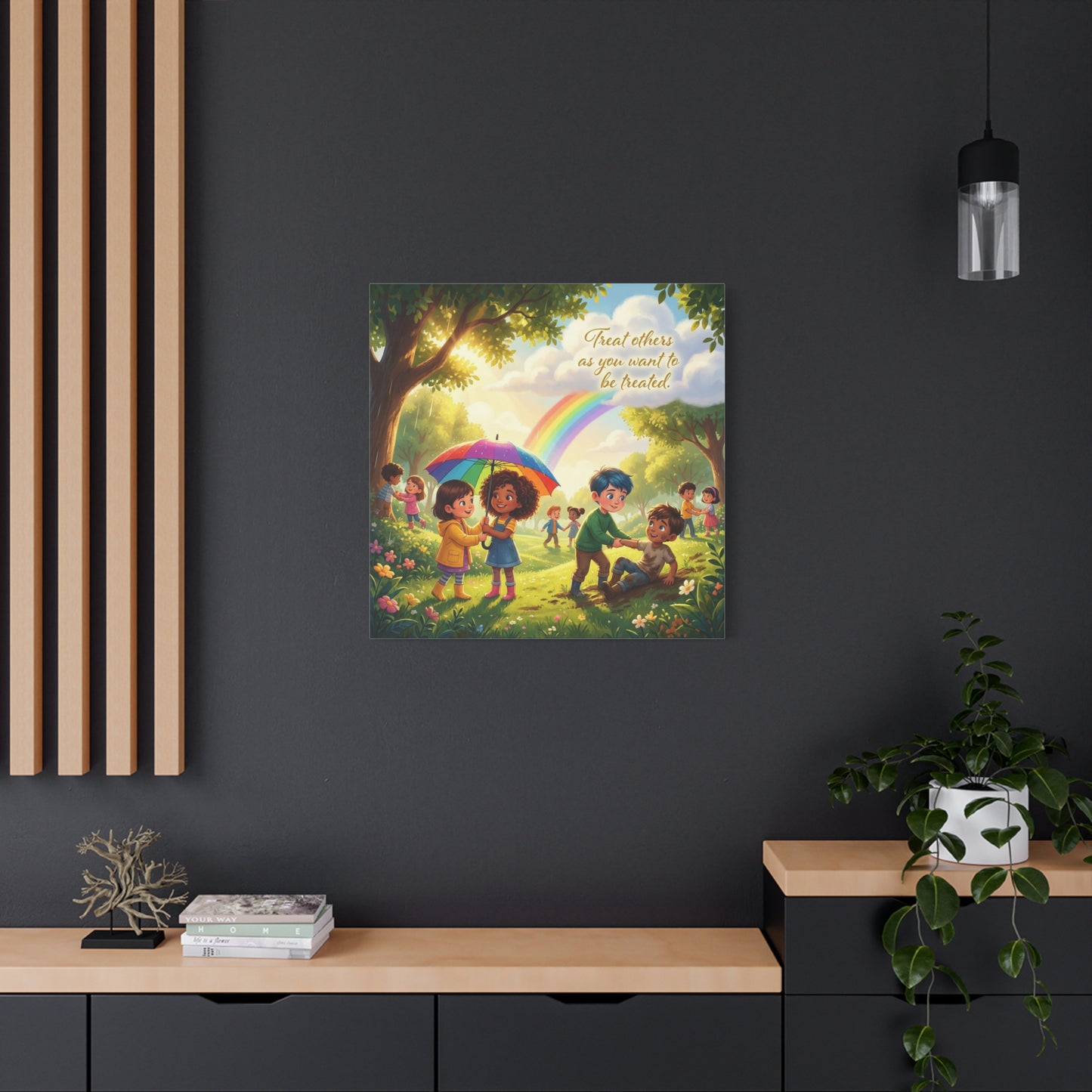 "Treat Others As You Want To Be Treated" Kids Canvas Wall Art - Rainbow Kindness Quote, Children Helping In Sunny Park - Matte Cotton Print - Playroom Classroom Decor, Nursery Wall Hanging