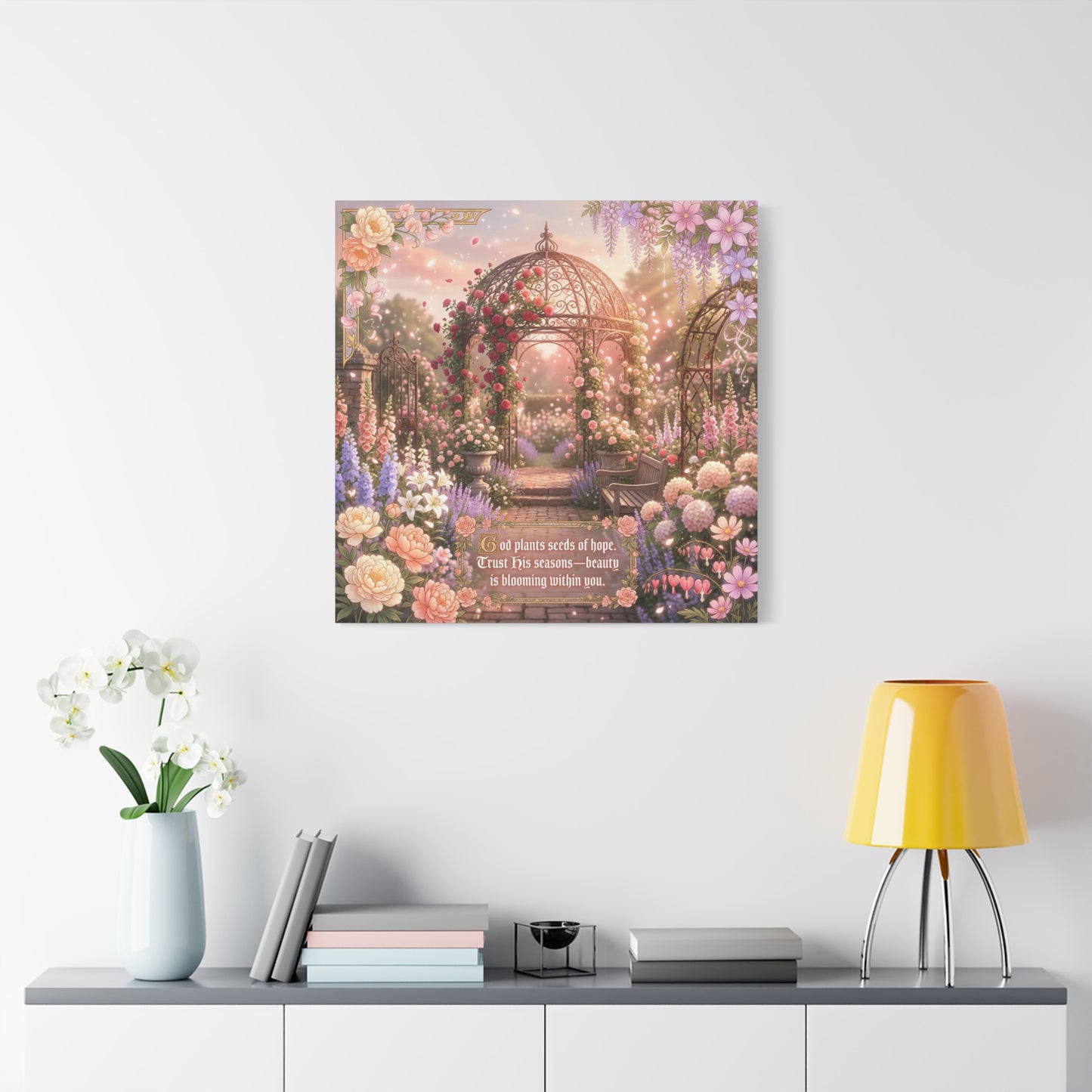 "God Plants Seeds Of Hope" Floral Garden Canvas Wall Art - Romantic Rose Gazebo Scripture Quote Print - Matte Botanical Cottagecore Decor - Bedroom Living Room Home Decoration - Living Room Wall Decor
