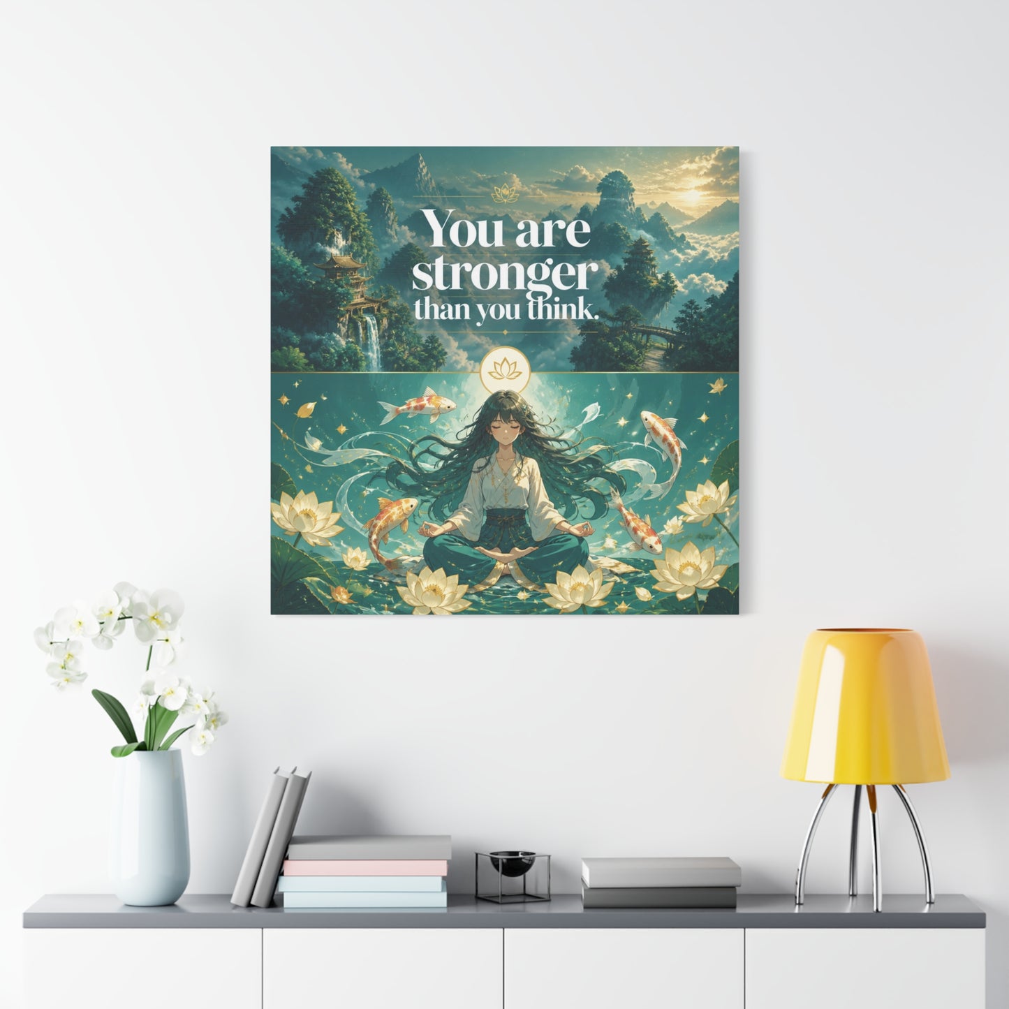"You Are Stronger Than You Think." Inspirational Canvas Wall Art - Meditating Girl, Koi Fish, Lotus Lake - Zen Fantasy Landscape - Bedroom Wall Decor, Meditation Space, Jellyfish Room Decor