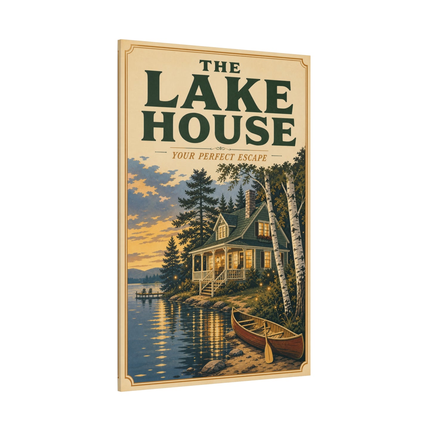 "The Lake House Your ideal Escape" Canvas Wall Art - Vintage Lakeside Cabin, Canoe And Birch Trees - Rustic Landscape Print - Living Room Wall Decor, Cabin Home Decoration - Bedroom Home Decoration