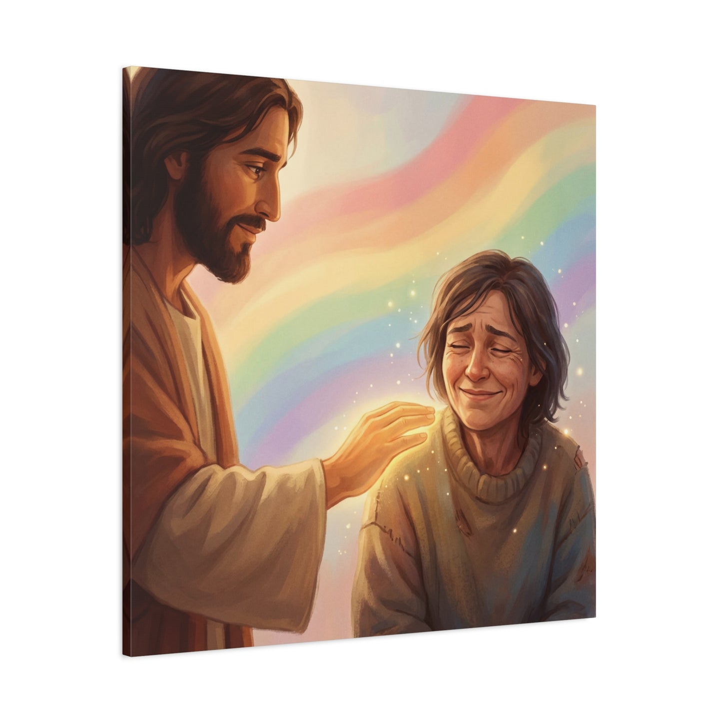 Jesus Christ Comforting Woman Canvas Wall Art - Rainbow Christian Wall Decor, Faith Home Decoration - Matte Canvas Print, Inspirational Religious Artwork - Living Room Bedroom Office - Ready to Hang