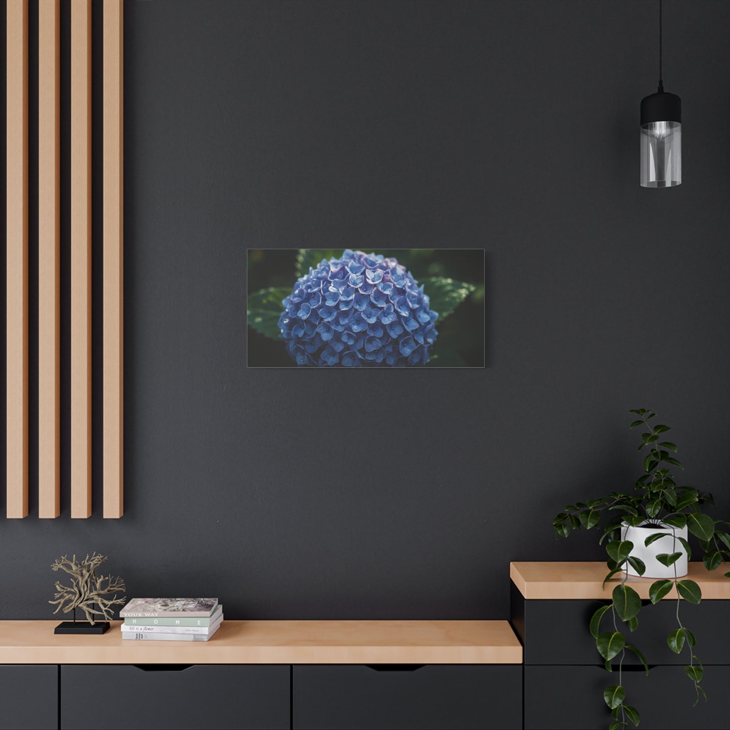 Blue Hydrangea Canvas Wall Art - Botanical Floral Close Up Art Print - Matte Cotton Art Print, Moody Garden Style - Bedroom Wall Decor, Bathroom Accent, Spa Inspired Home Decoration - Ready to Hang
