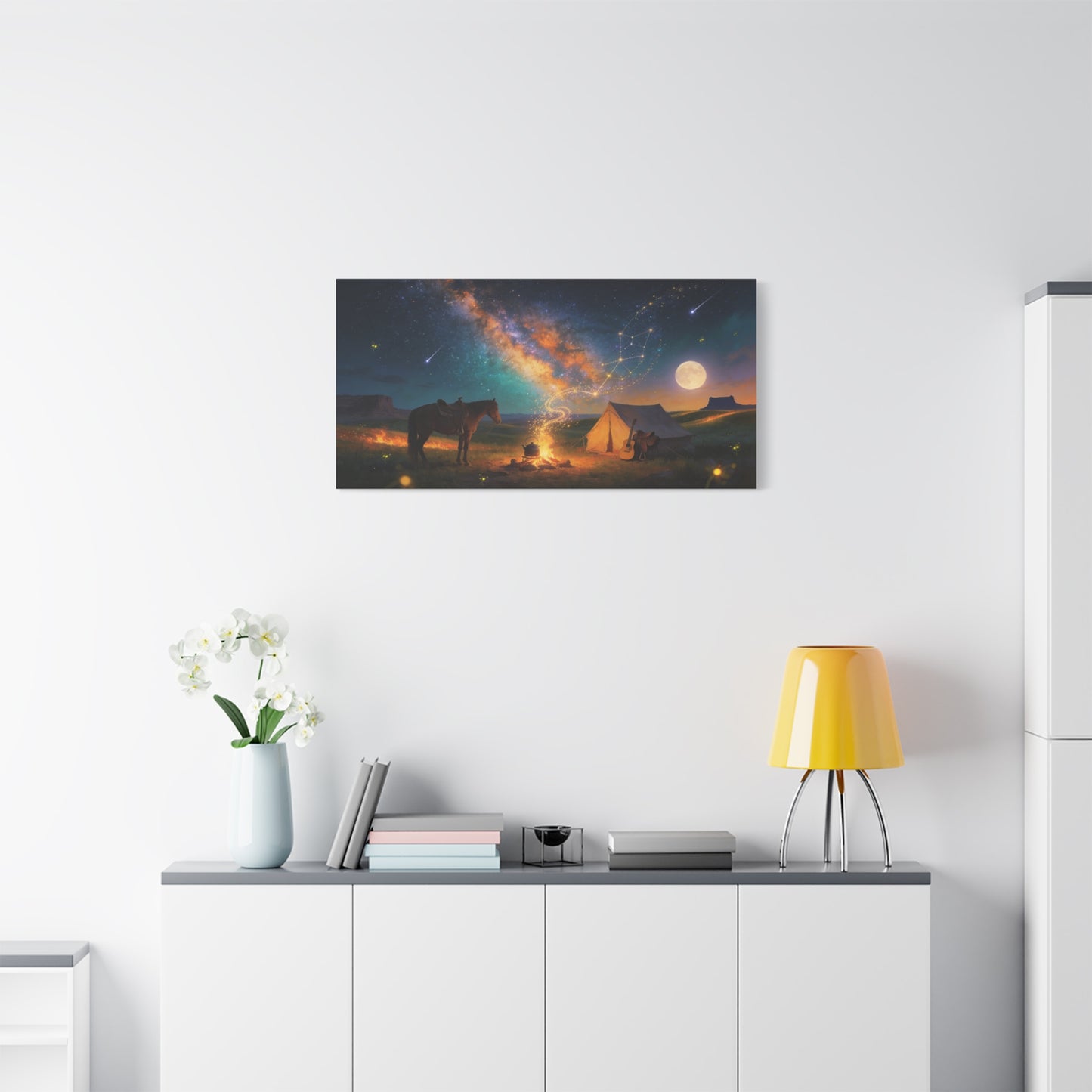 Western Night Sky Canvas Wall Art - Horse, Tent, Campfire And Milky Way Constellation - Dreamy Cosmic Desert Landscape - Modern Home Decor For Living Room, Bedroom, Office - Living Room Wall Decor